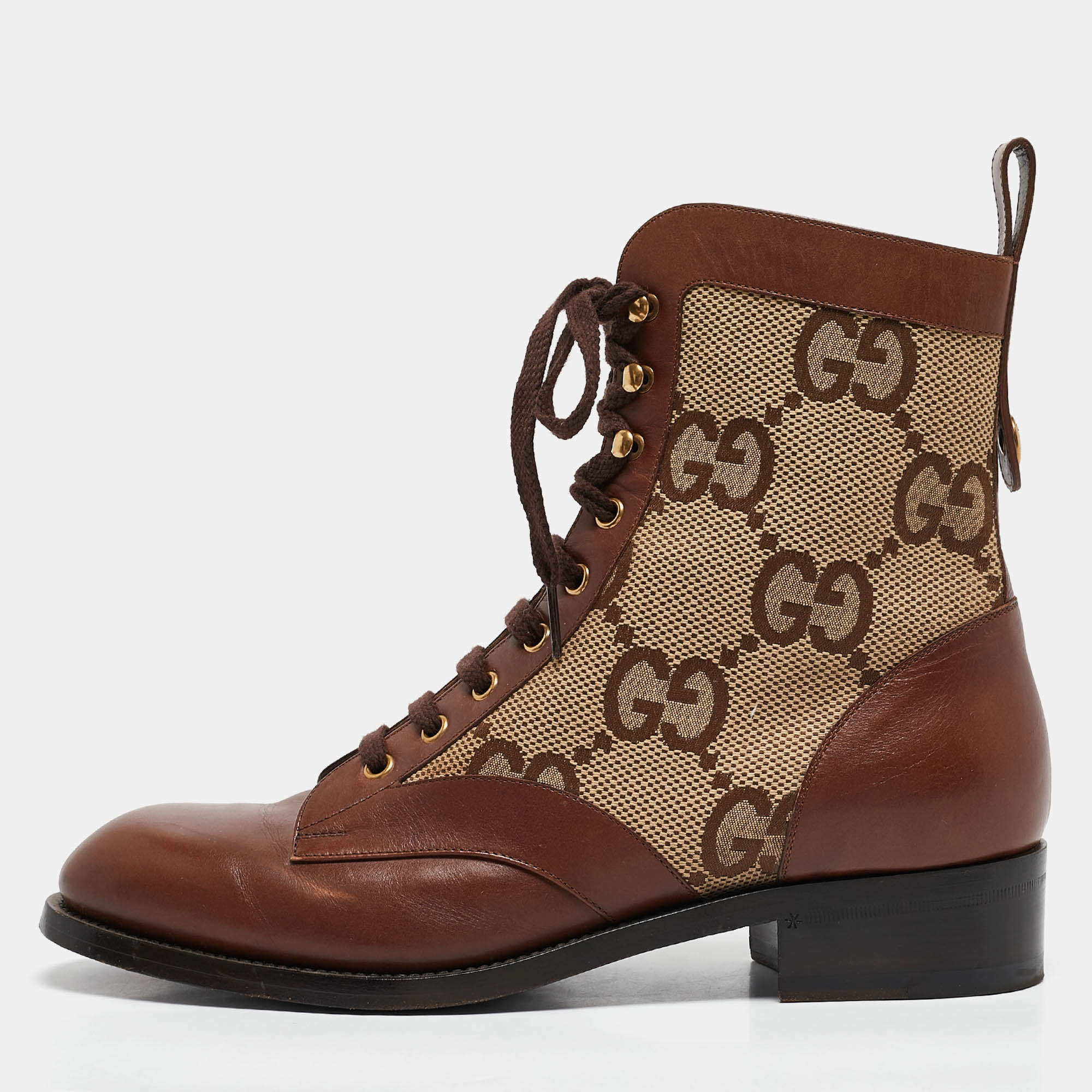 Gucci Beige/Brown Jumbo GG Canvas and Leather Ankle Boots Size 42.5