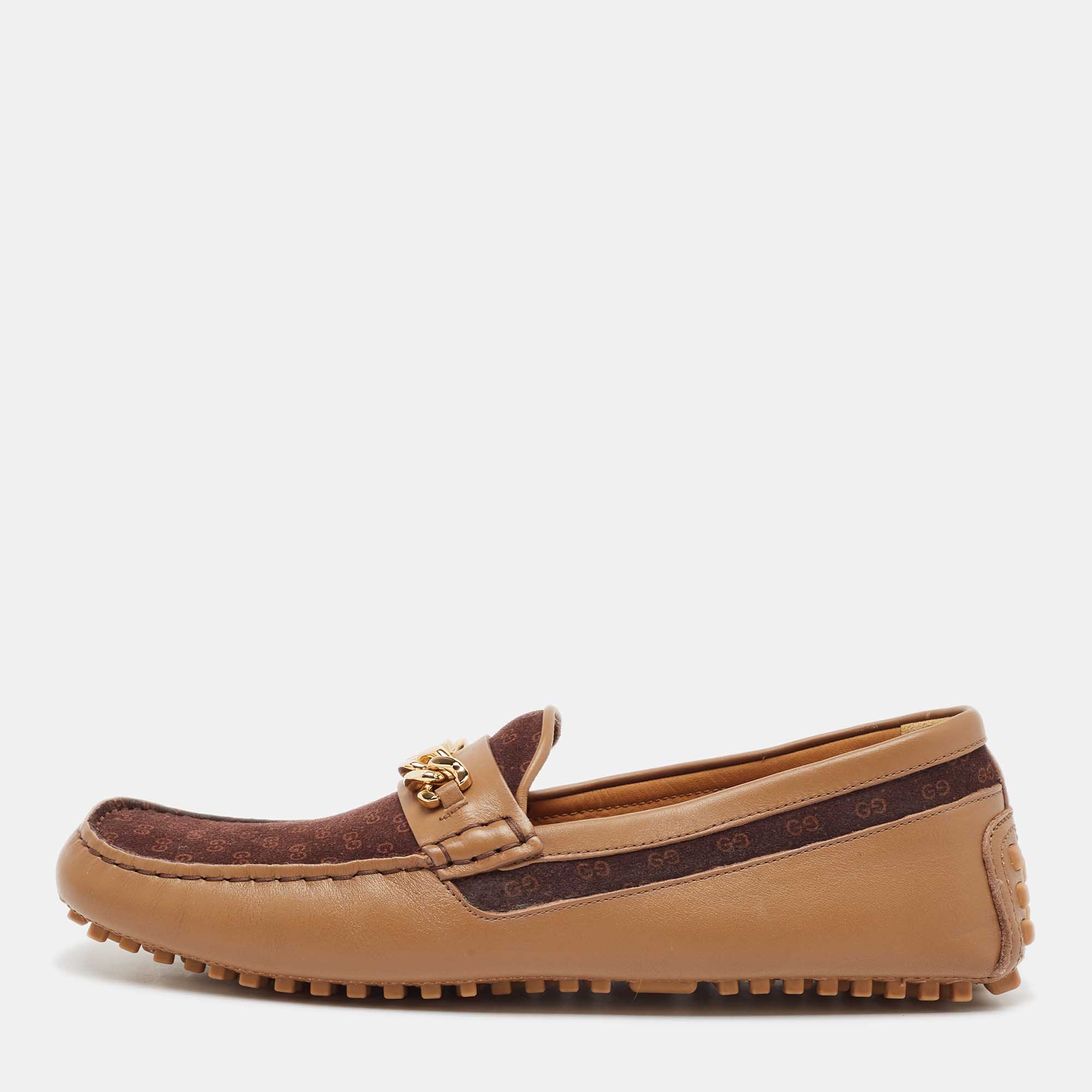 Pre Owned Gucci Brown Leather and Suede GG Marmont Loafers Size 42.5
