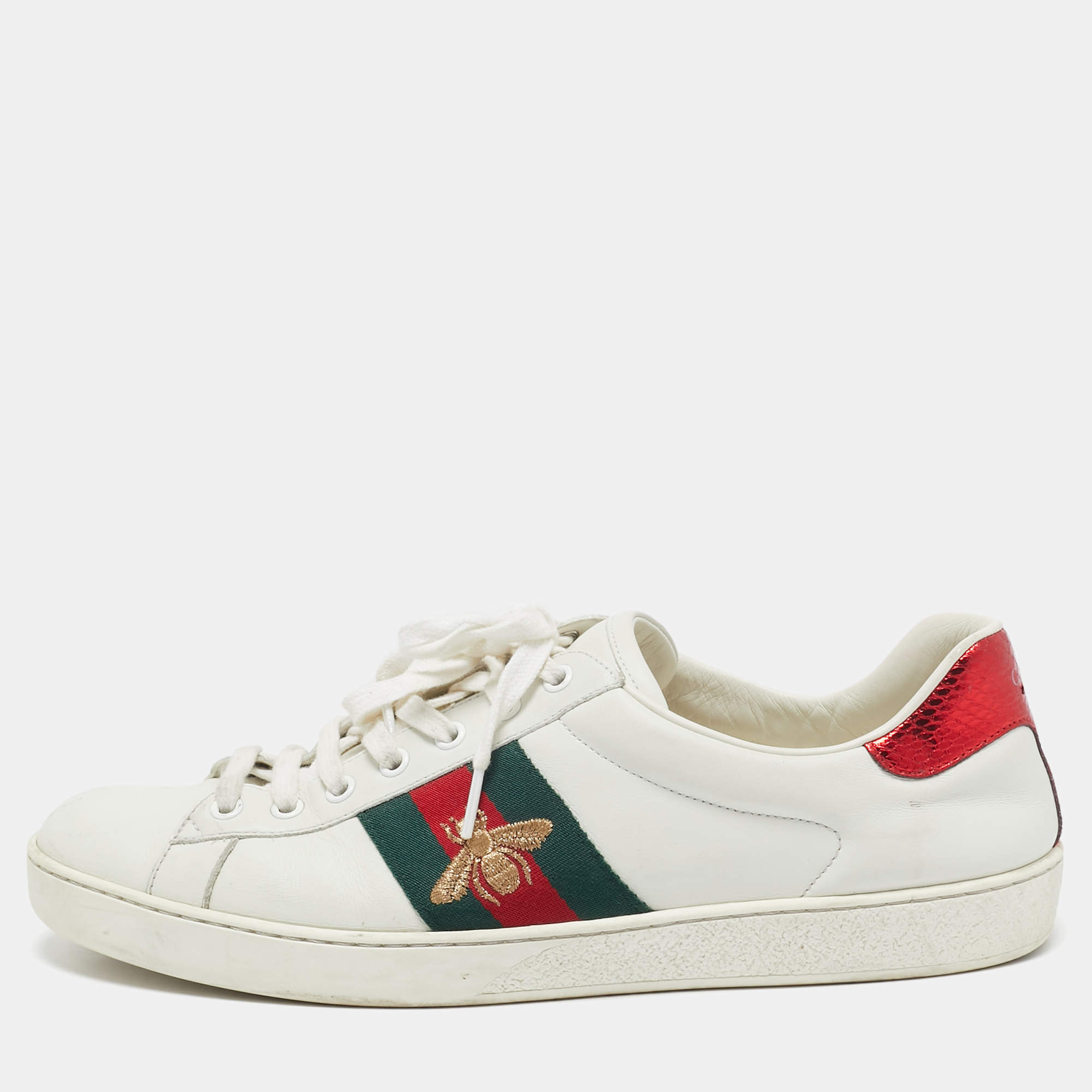 Gucci White Leather Ace Web Lace Up Sneakers Size 44.5