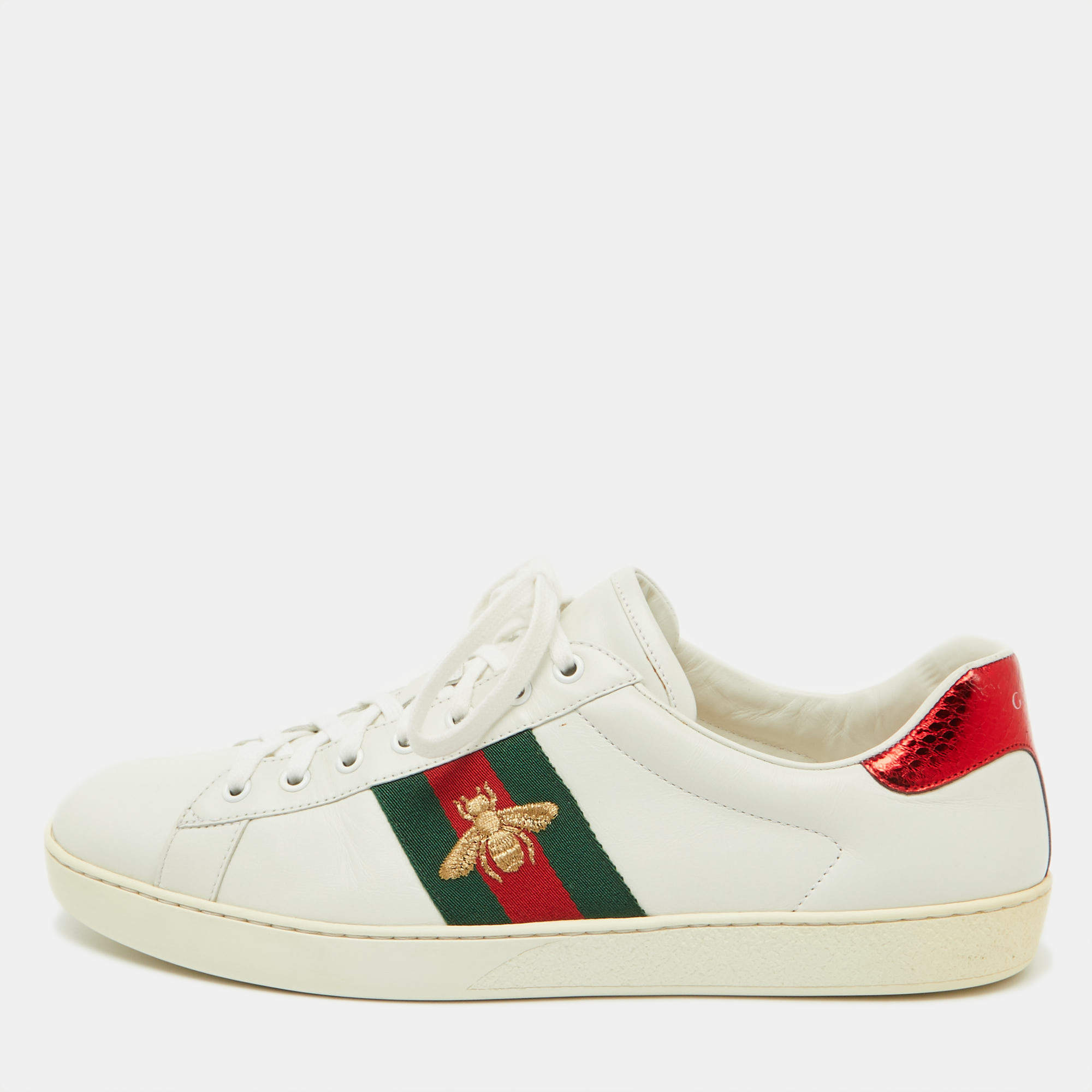 Gucci White Leather Bee Embroidered Ace Web Low Top Sneakers Size 45.5