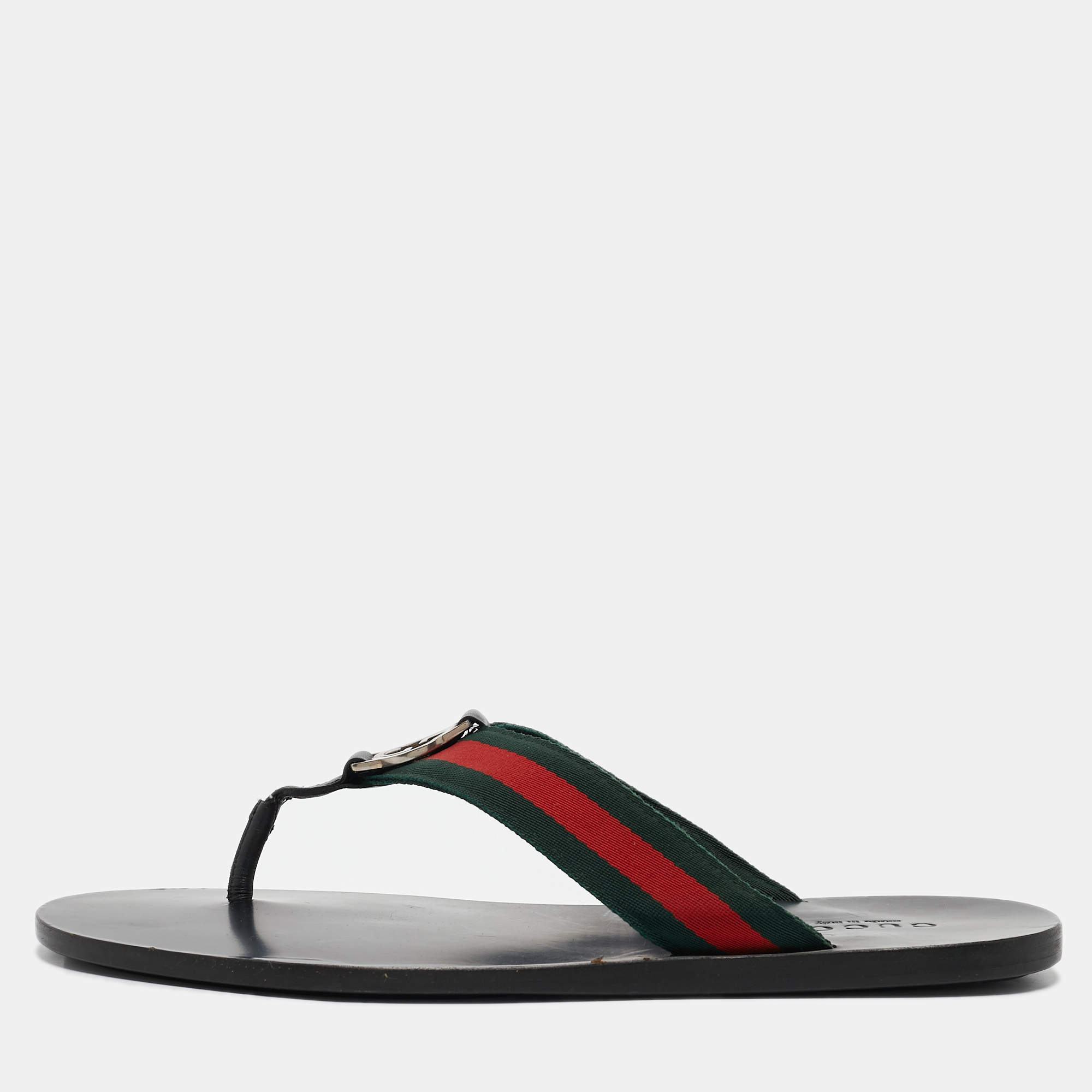 Gucci Black Leather GG Web Thong Flat Slides Size 43.5