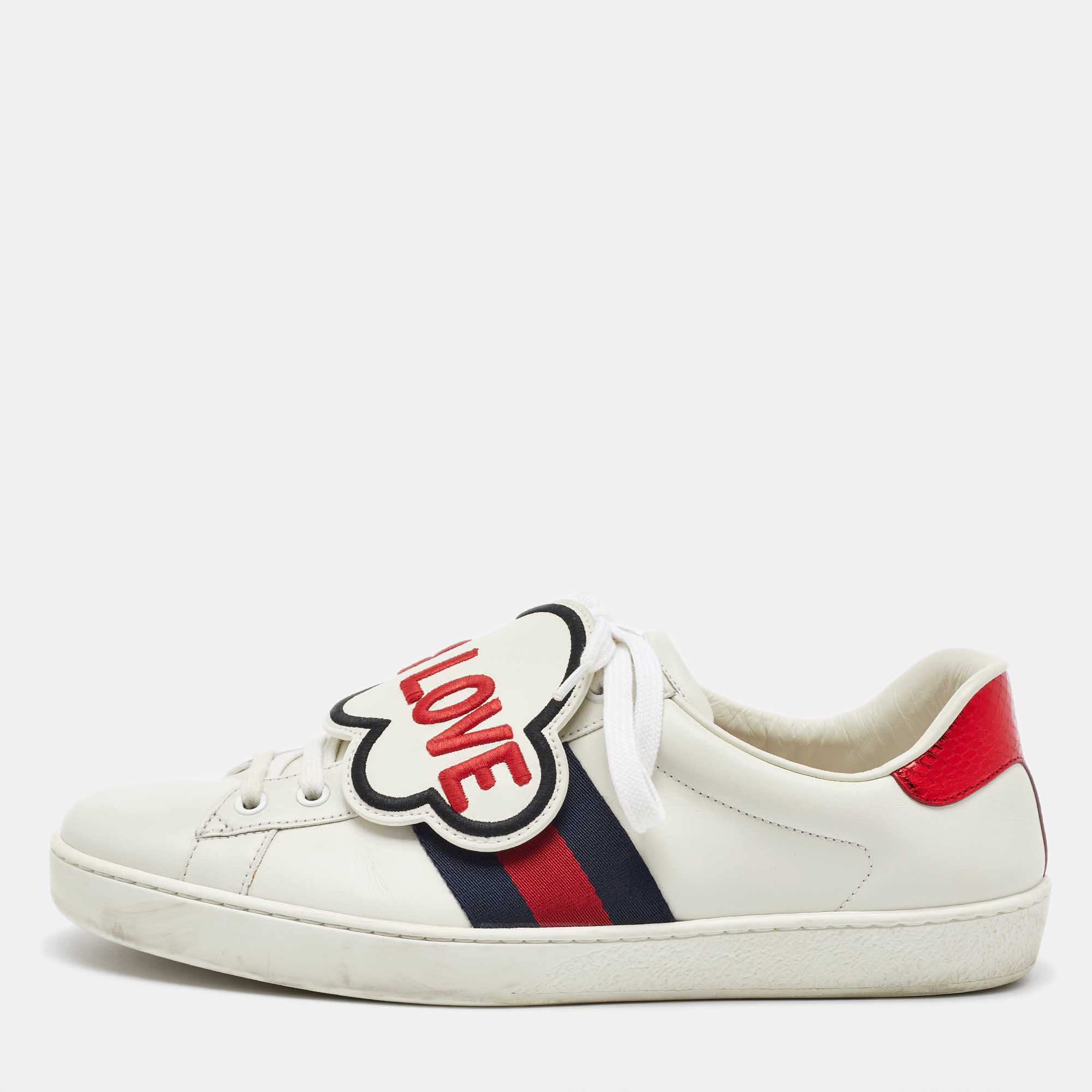 Gucci White Leather Ace Blind For Love Patch Low Top Sneakers Size 43