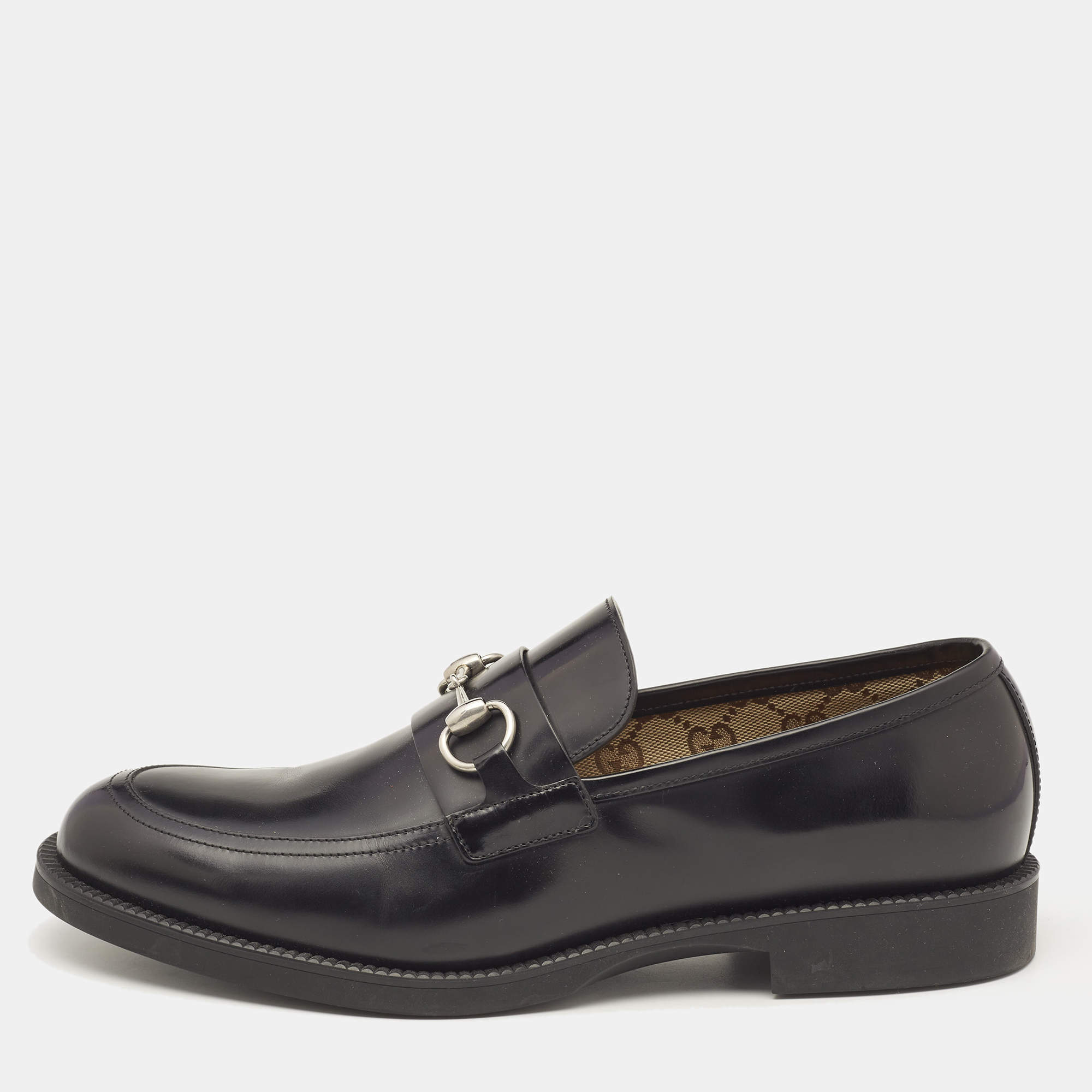 Pre Owned Gucci Black Leather Horsebit Loafers Size 44
