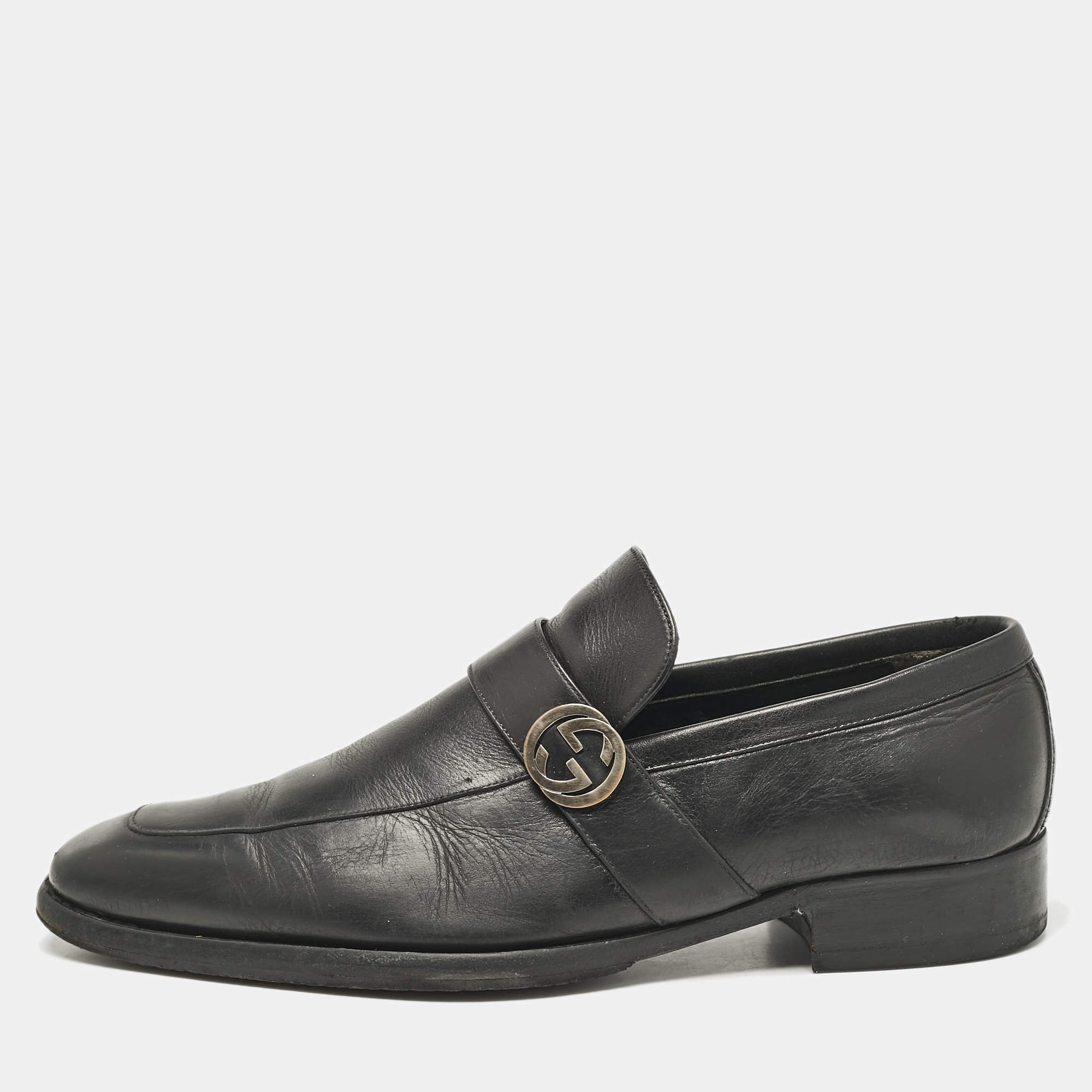 Gucci Black Leather Interlocking G Loafers Size 42