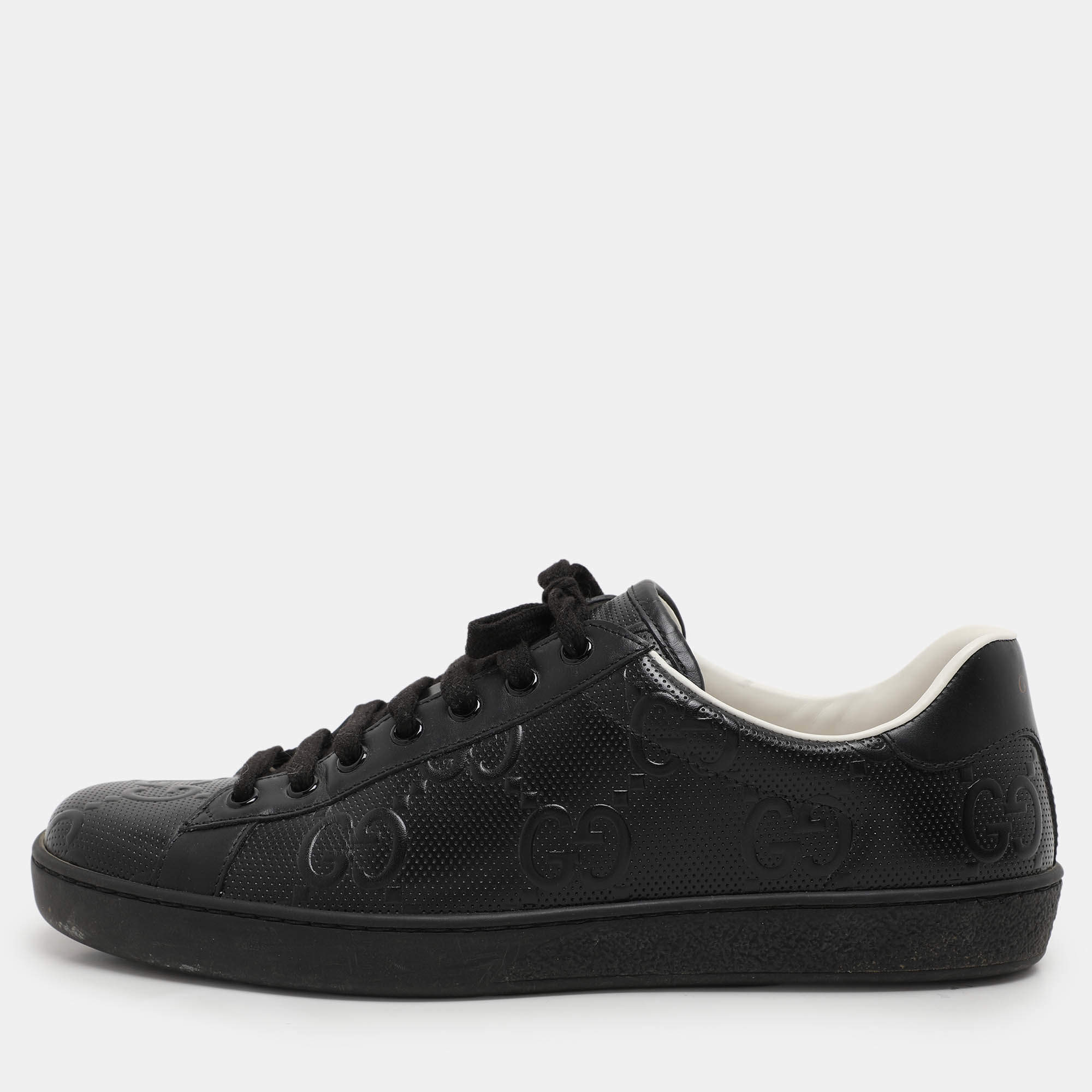 Gucci Black Perforated GG Embossed Leather Ace Low Top Sneakers Size 42
