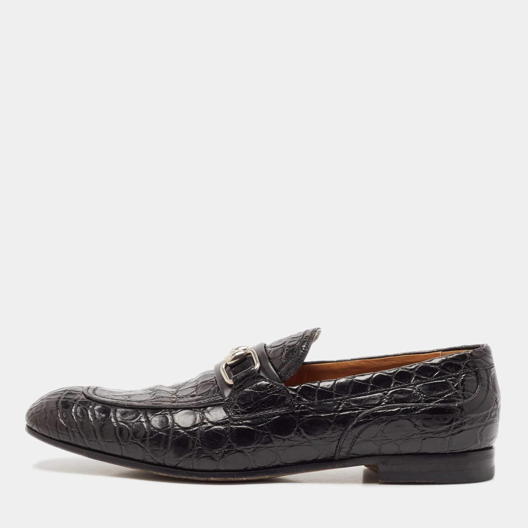 Gucci Black Alligator Leather Horsebit Slip On Loafers Size 43.5