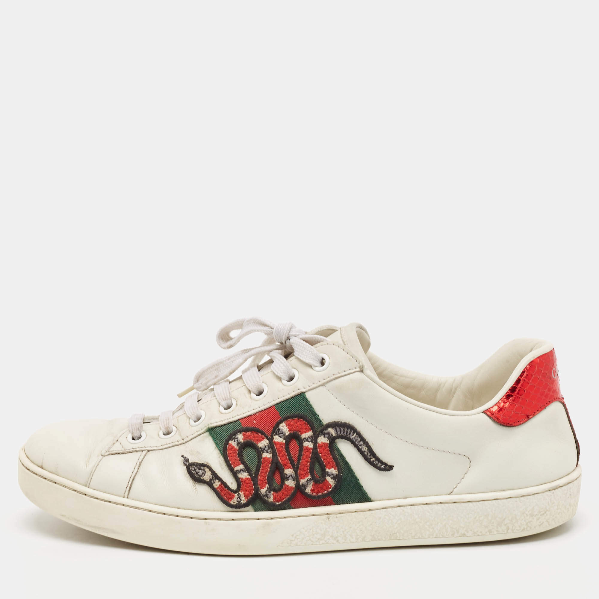 Gucci White Leather and Python Embossed Embroidered Snake Ace Sneakers Size 41