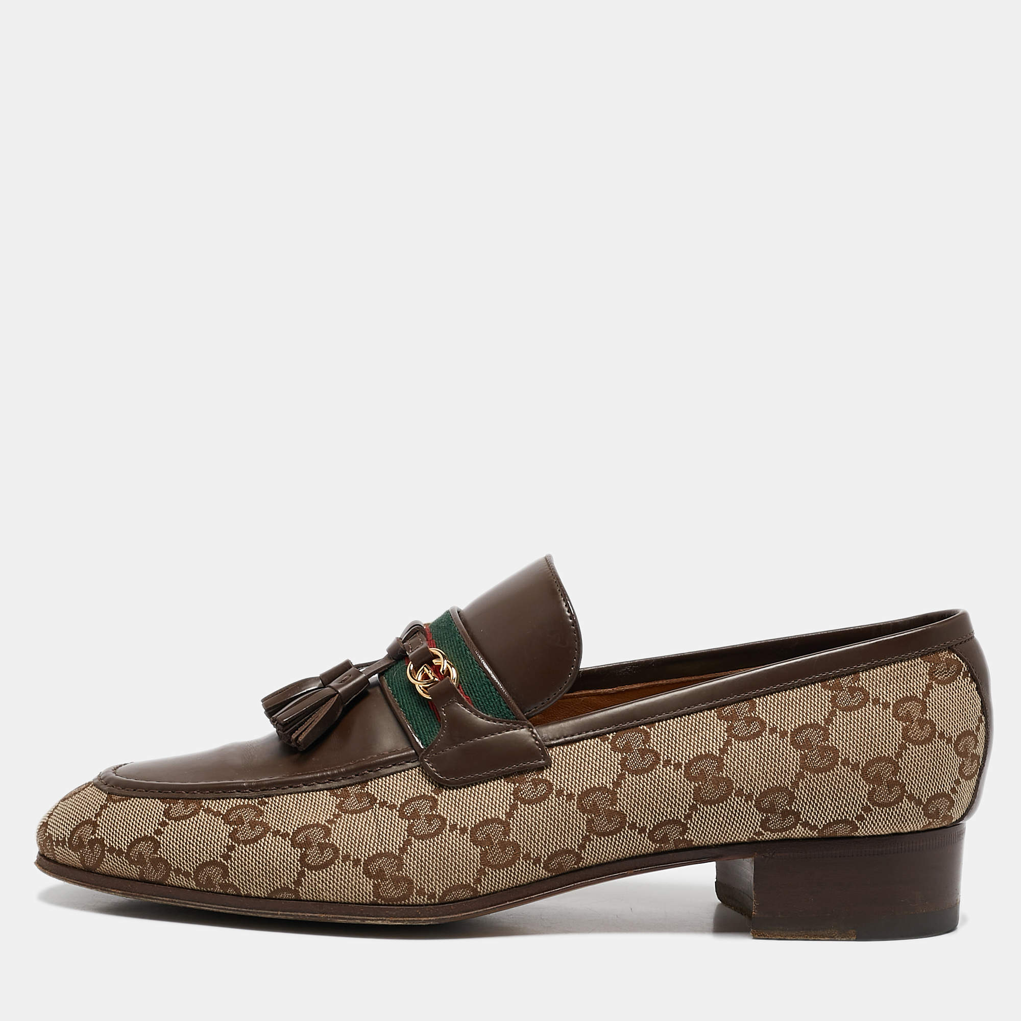 Pre Owned Gucci Beige/Brown GG Canvas and Leather Paride Loafers Size 42