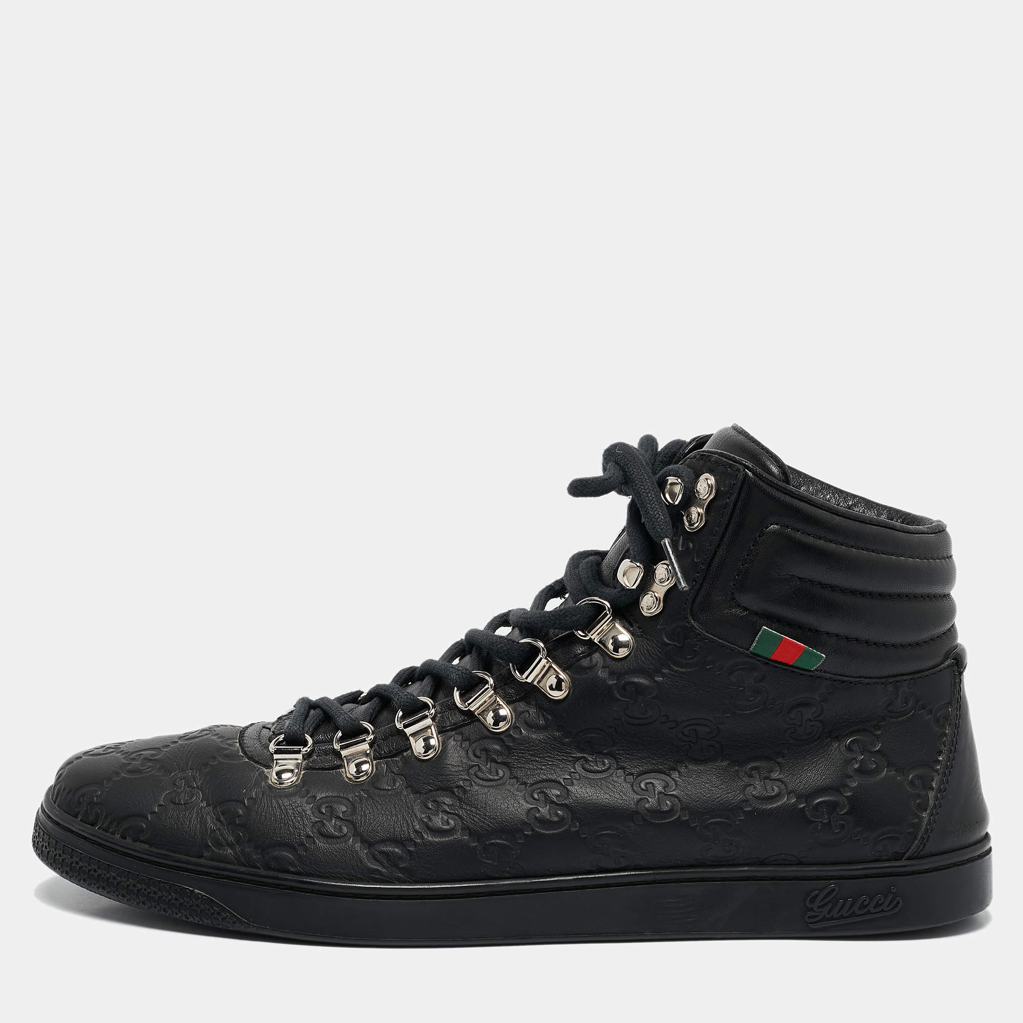 Pre Owned Gucci Black Guccissima Leather Web High Top Sneakers Size 44