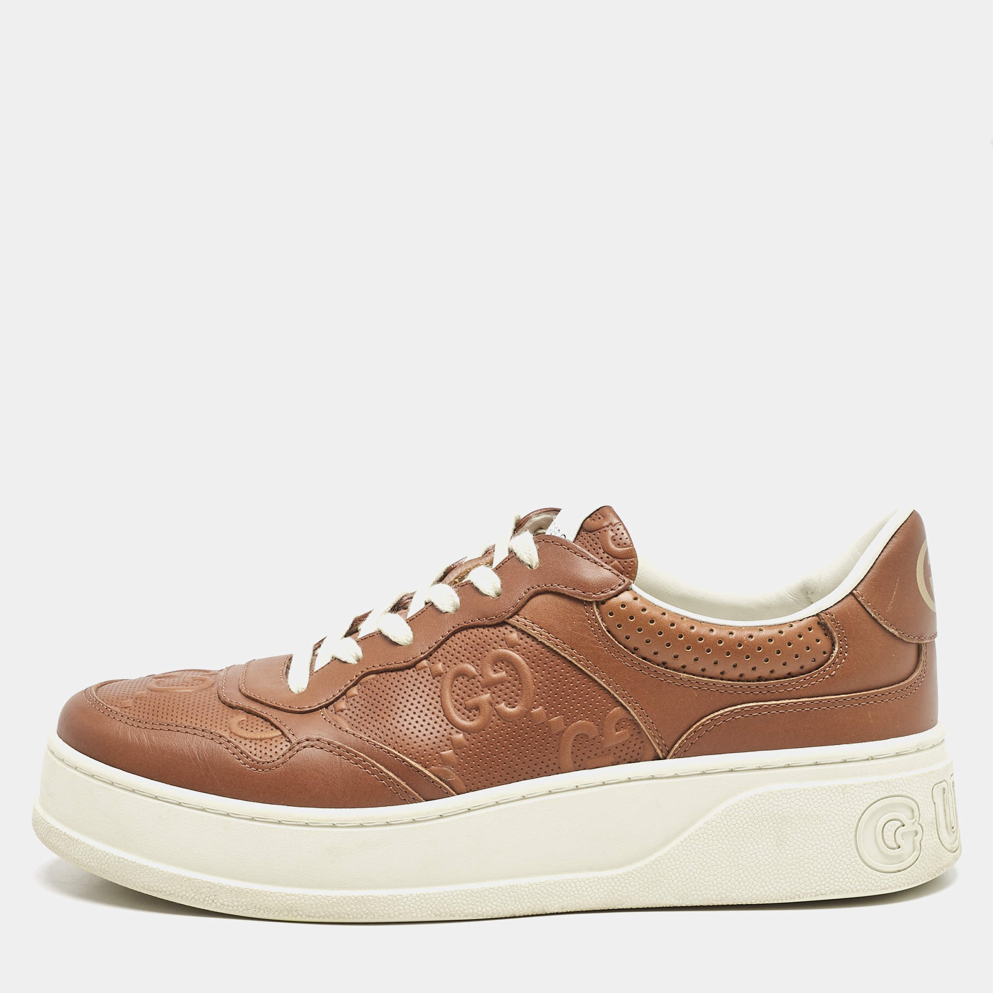Gucci Brown Jumbo GG Embossed Leather Low Top Sneakers Size 42.5