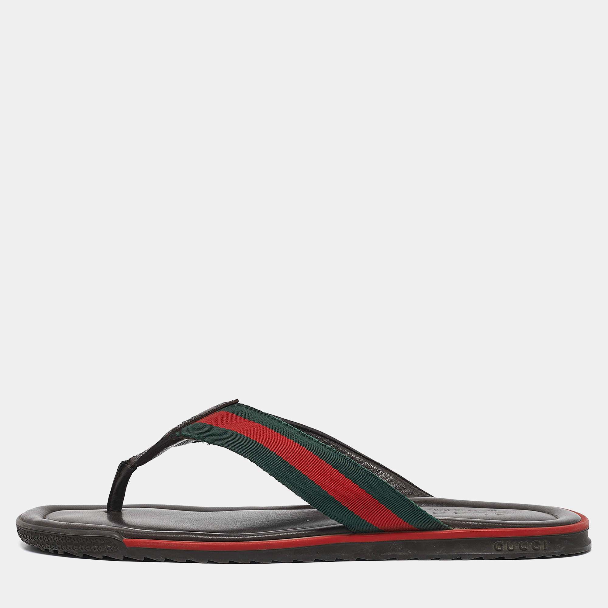 Gucci Dark Brown Web Canvas and Guccissima Leather Thong Flats Size 43.5
