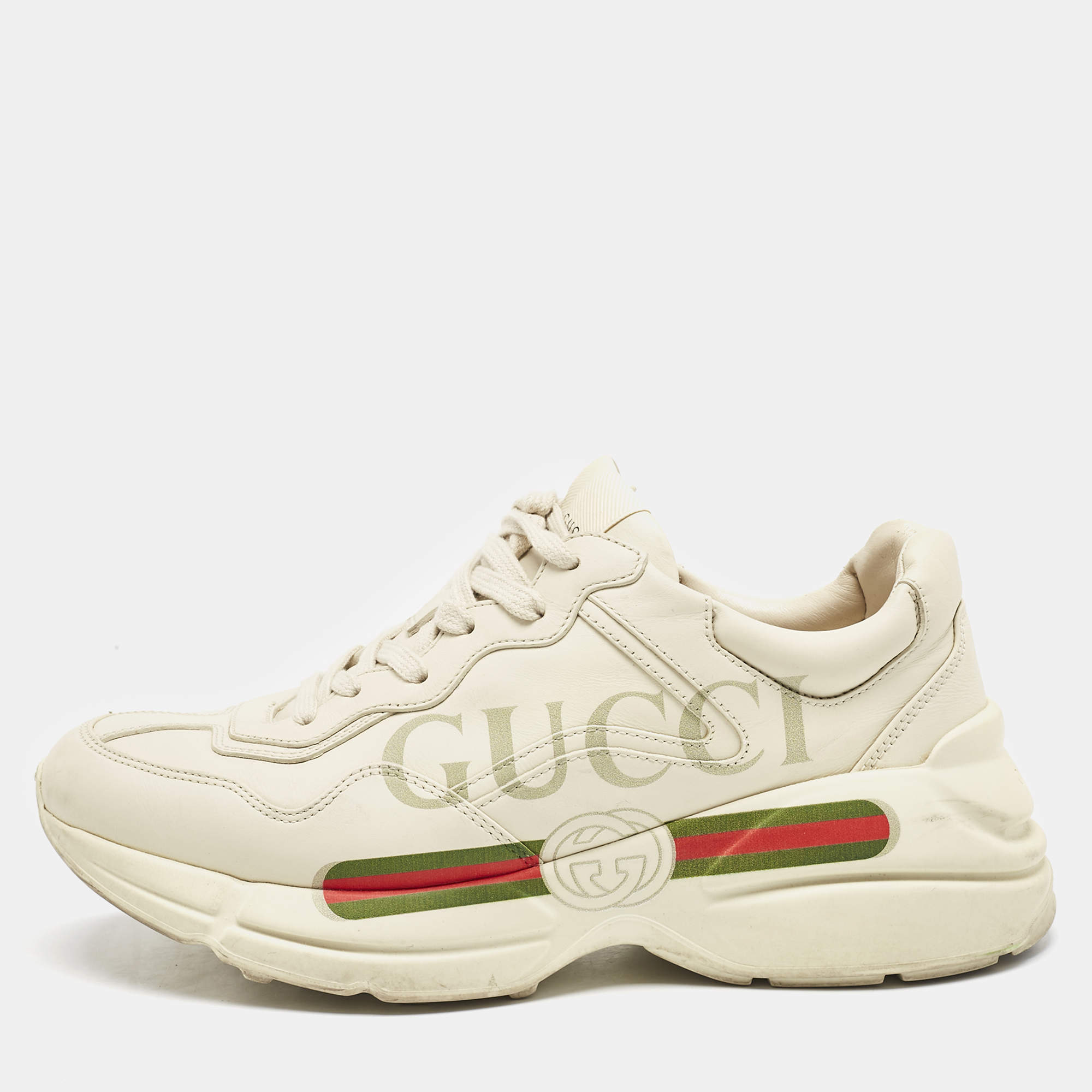Pre Owned Gucci Cream Leather Vintage Logo Rhyton Sneakers Size 40