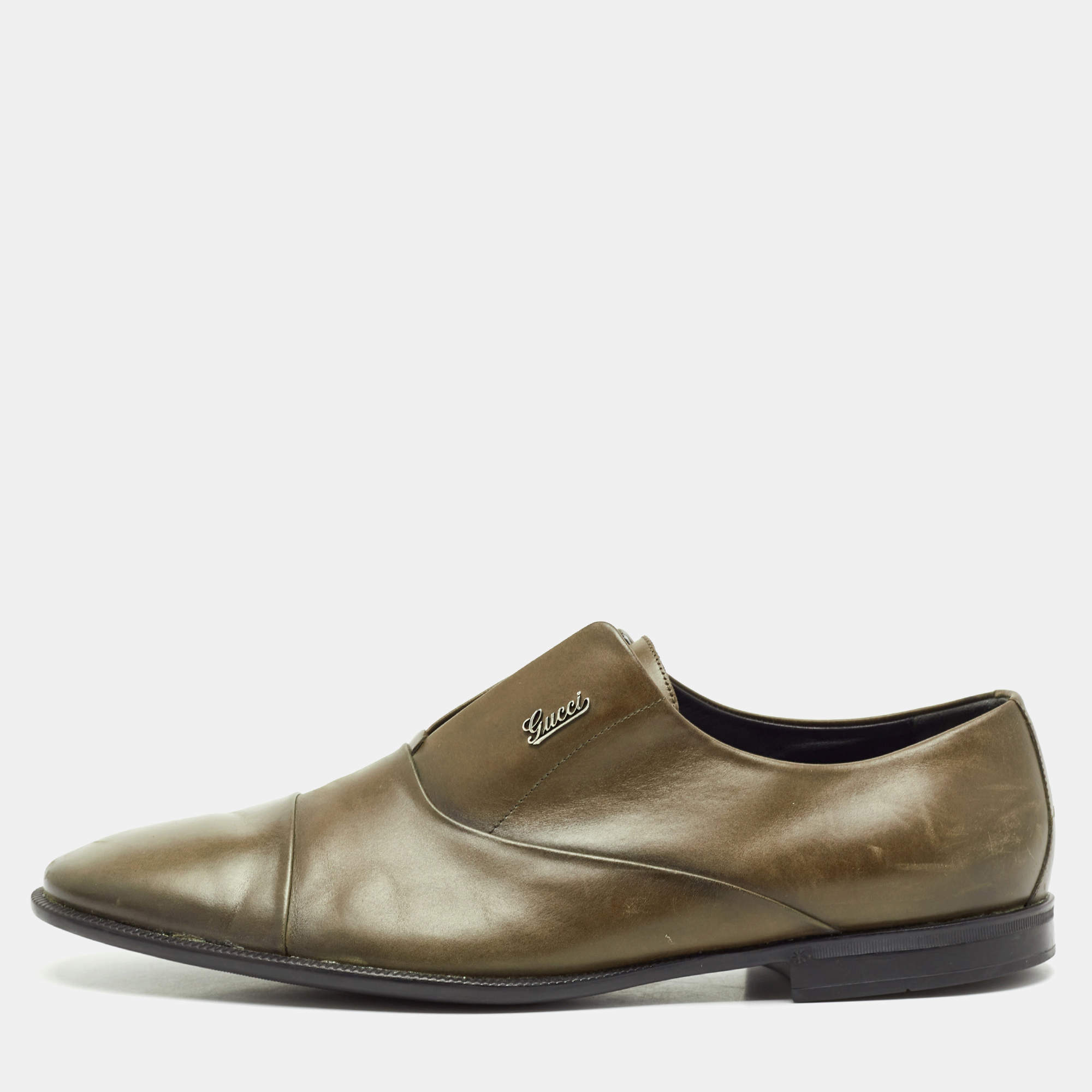 Gucci Olive Green Leather Cap Toe  Slip On Oxfords Size 44