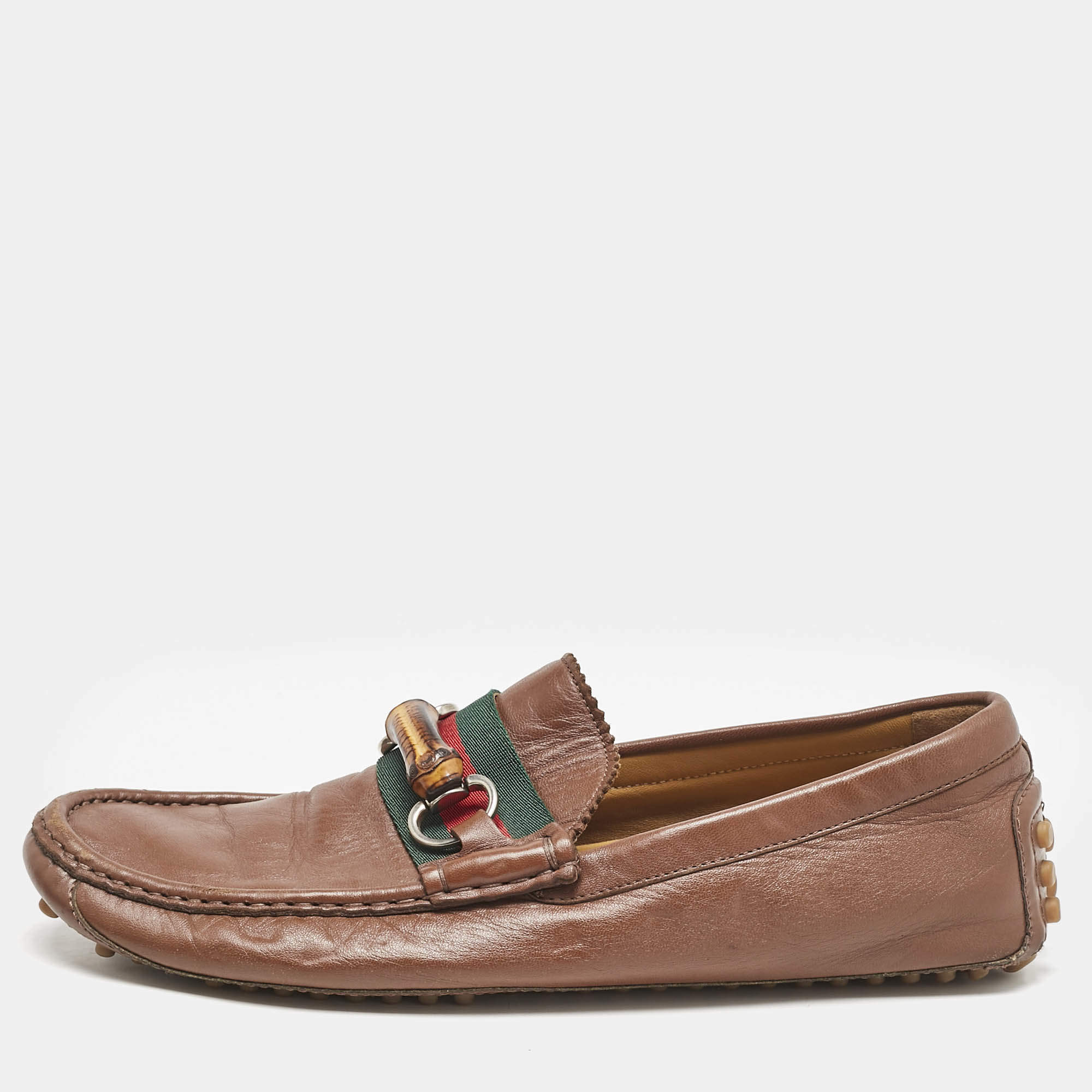Gucci Brown Leather Bamboo Horsebit Web Detail Loafers Size 42