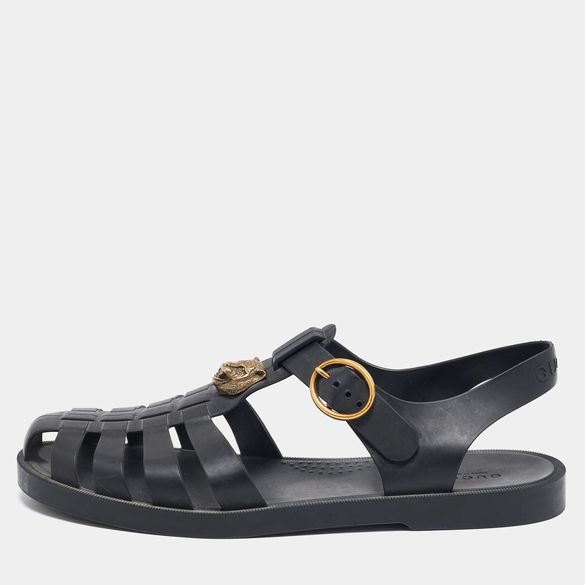 Pre Owned Gucci Black Rubber Tiger Head Caged Sandals Size 41