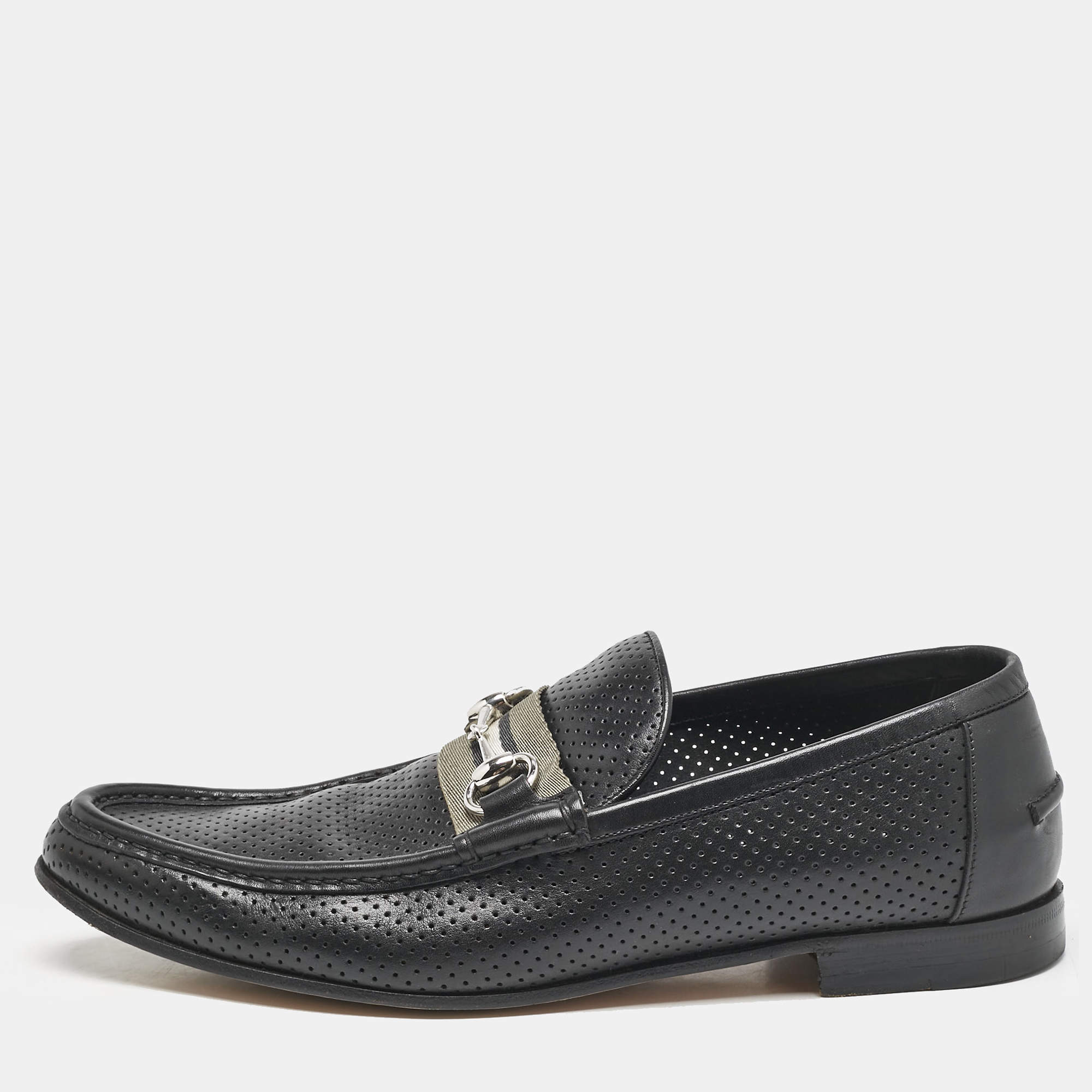 Gucci Black Perforated Leather Horsebit Web Slip On Loafers Size 42.5