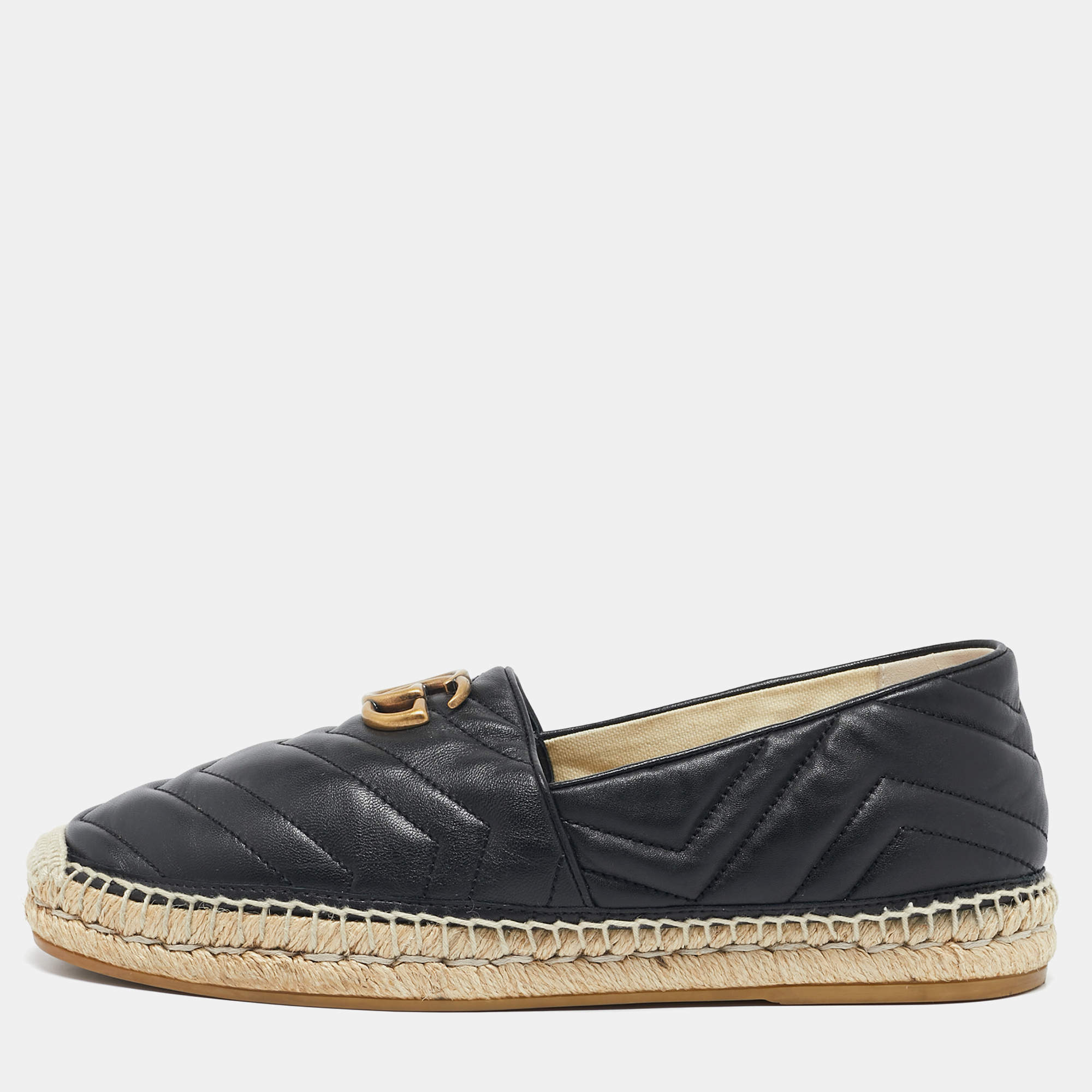 Gucci Black Matelasse Leather GG Marmont Espadrille Flats Size 42.5