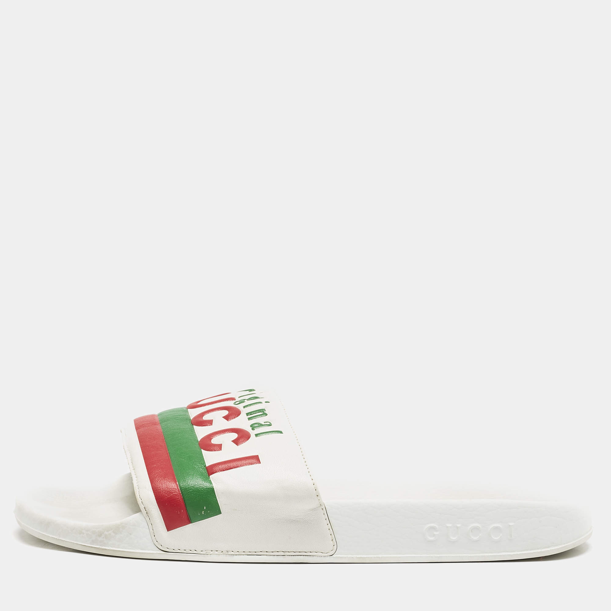Gucci White Leather Original Flat Slides Size 43