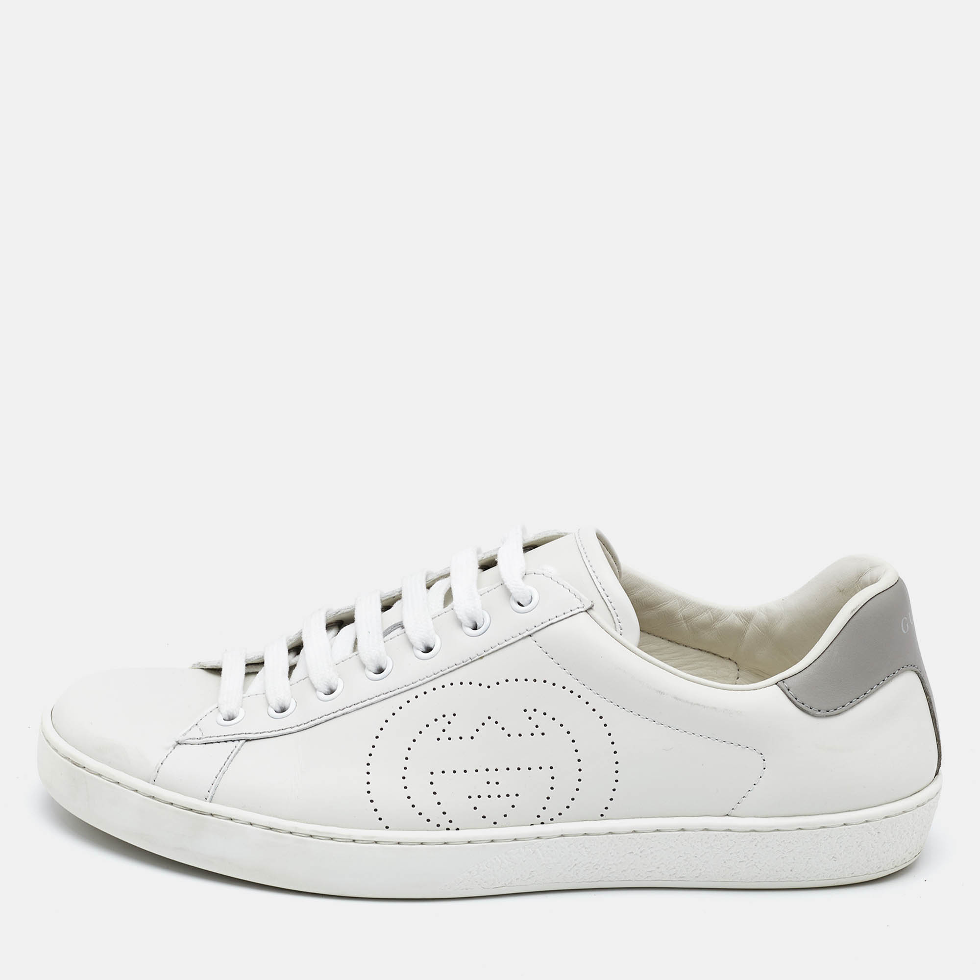 Gucci White/Grey Leather Interlocking G Ace Low Top Sneakers  Size 43