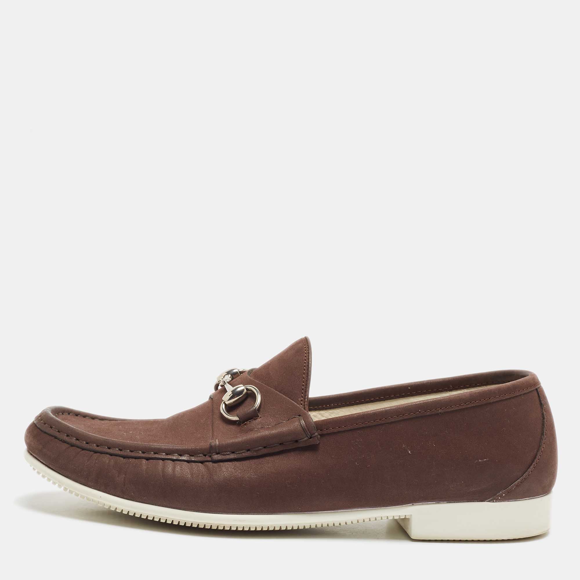 Gucci Brown Nubuck Leather Horsebit Loafers Size 43