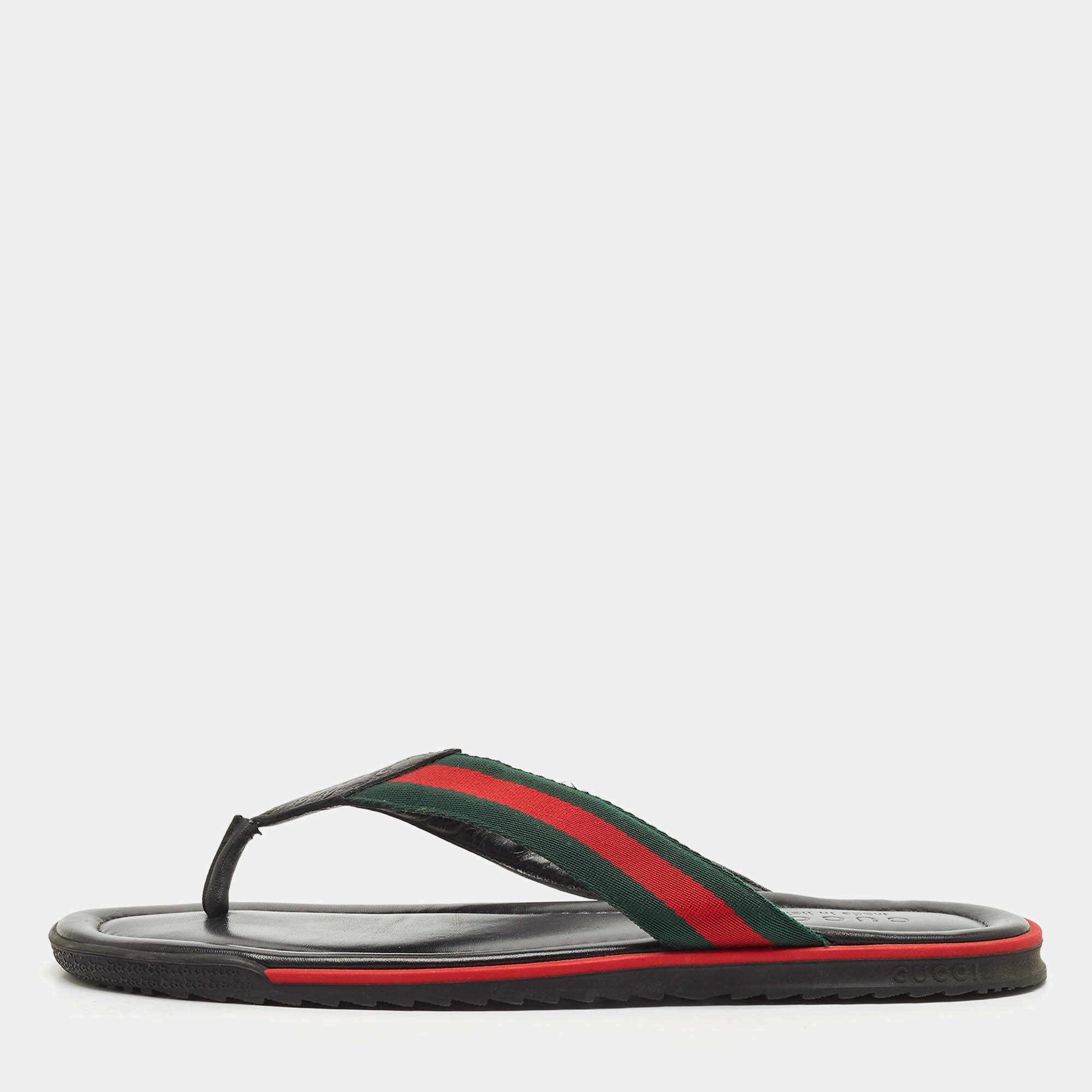 Gucci Black Leather Web Thong Flats Size 44