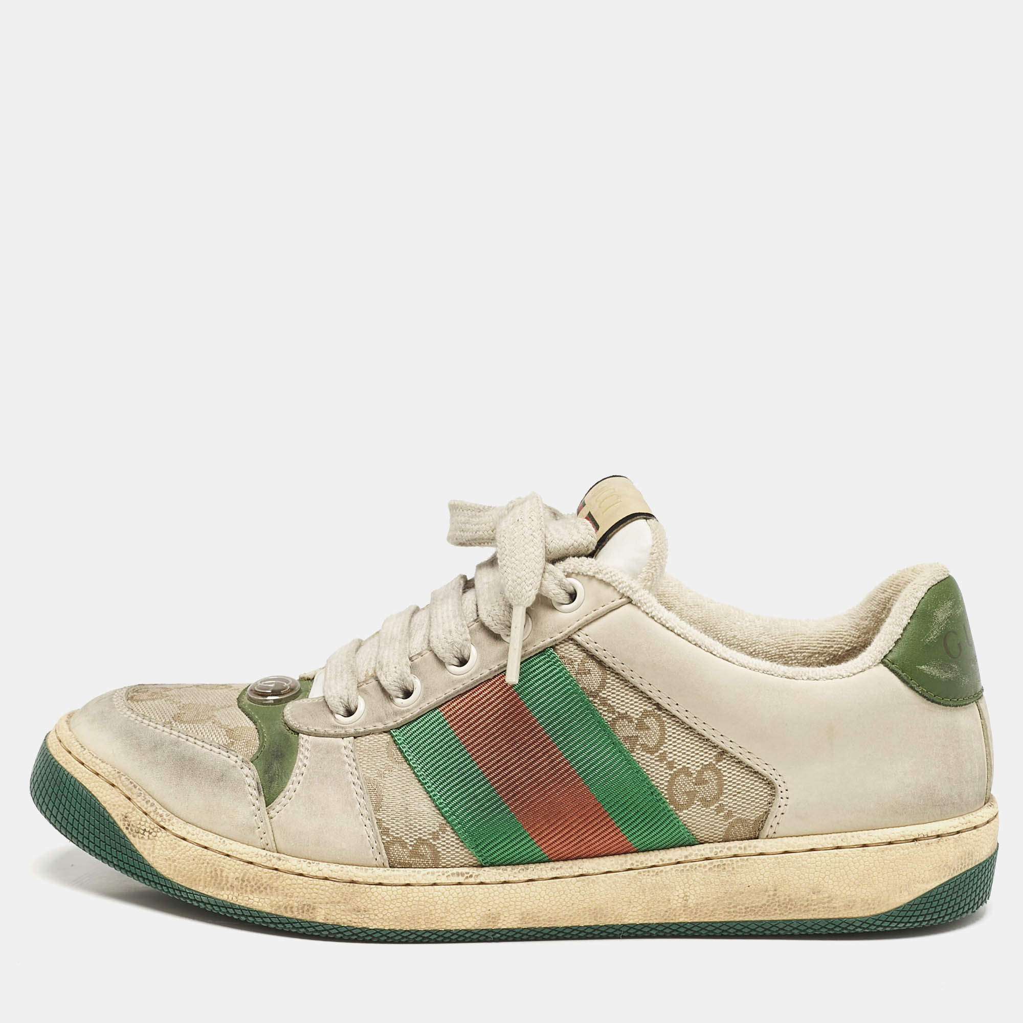 Pre Owned Gucci Beige/Green GG Canvas And Nubuck Leather Screener Low Top Sneakers Size 39