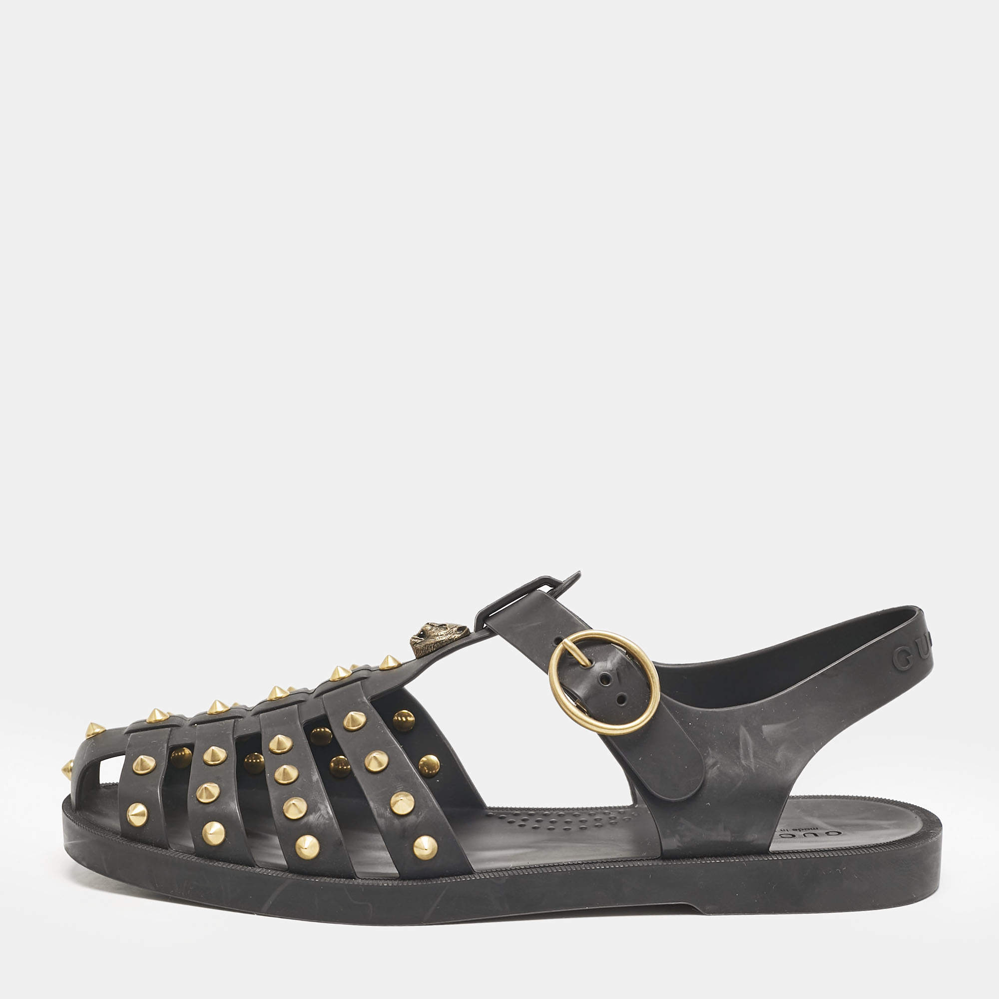 Gucci Black Rubber GG Marmont Crystal Embellishments Caged Flat Sandals Size 40