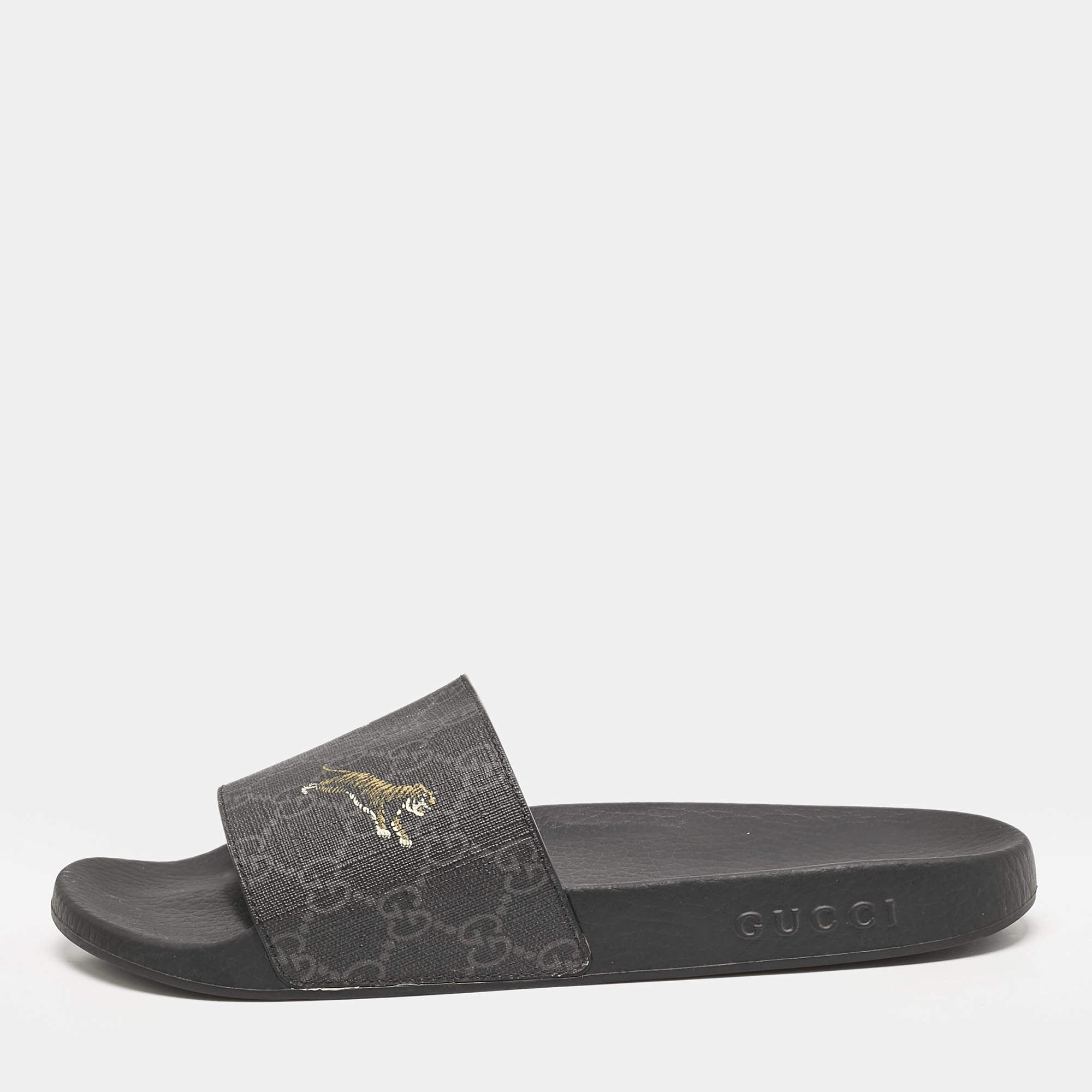 Gucci Black GG Supreme Canvas Tiger Pool Slides Size 41