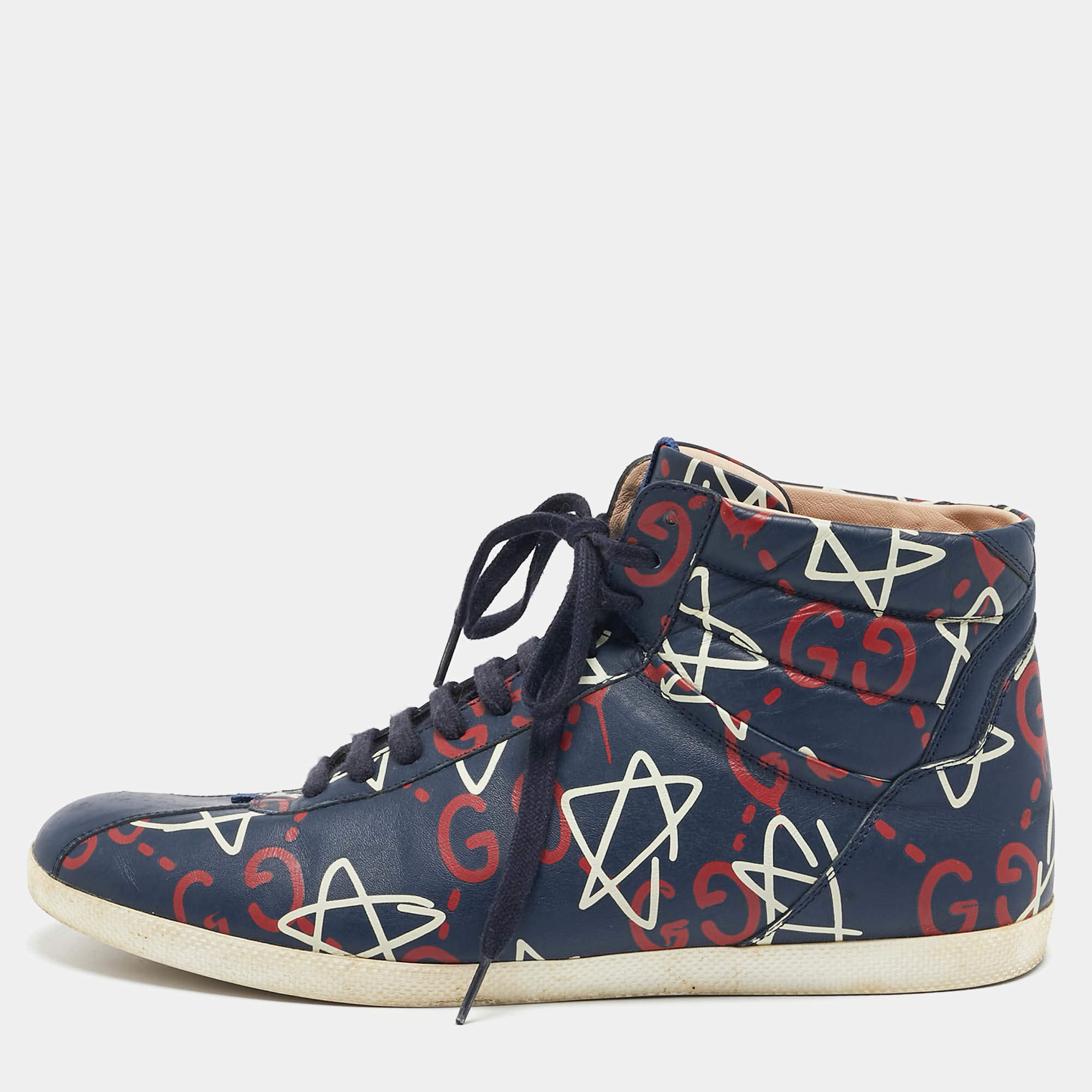 Gucci Blue Leather Ghost Logo High Top Sneakers Size 45