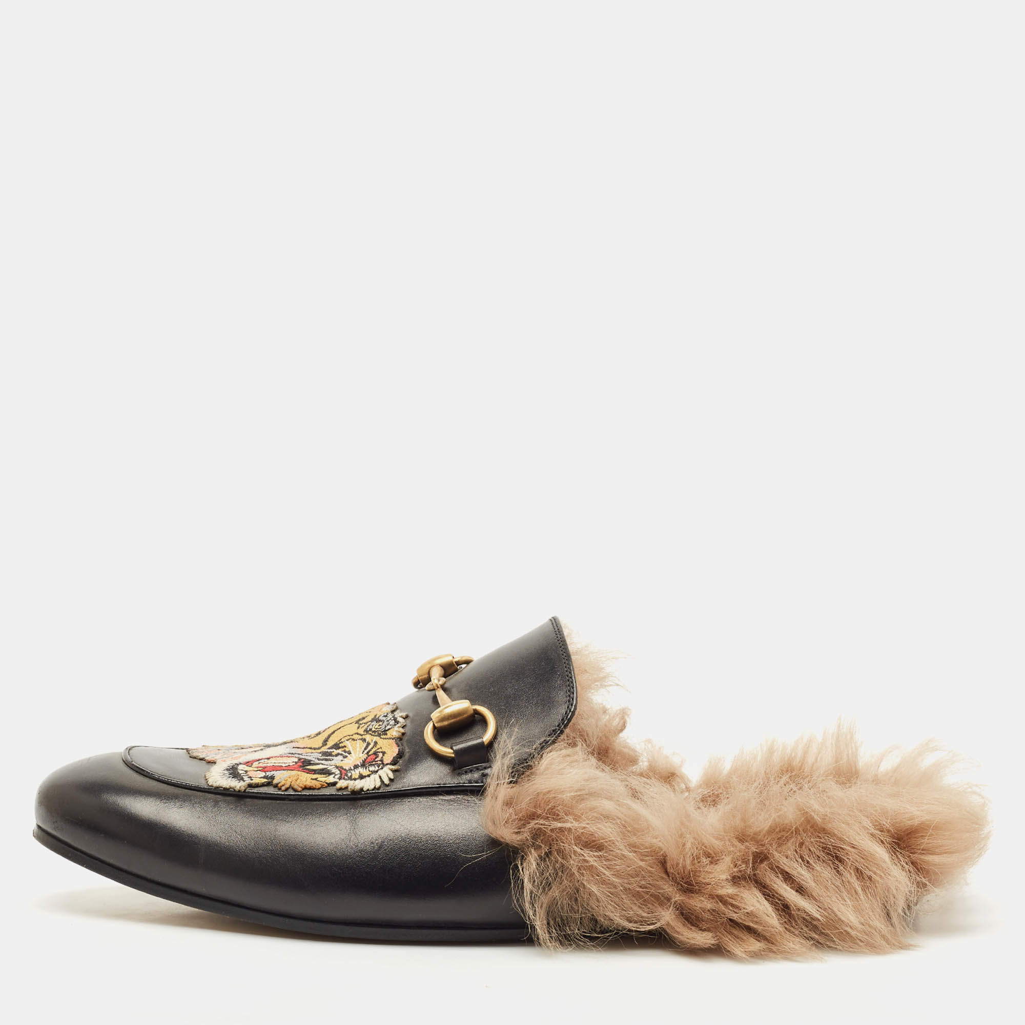 Gucci Black  Leather And Fur Princetown Mule Sandals Size 41.5