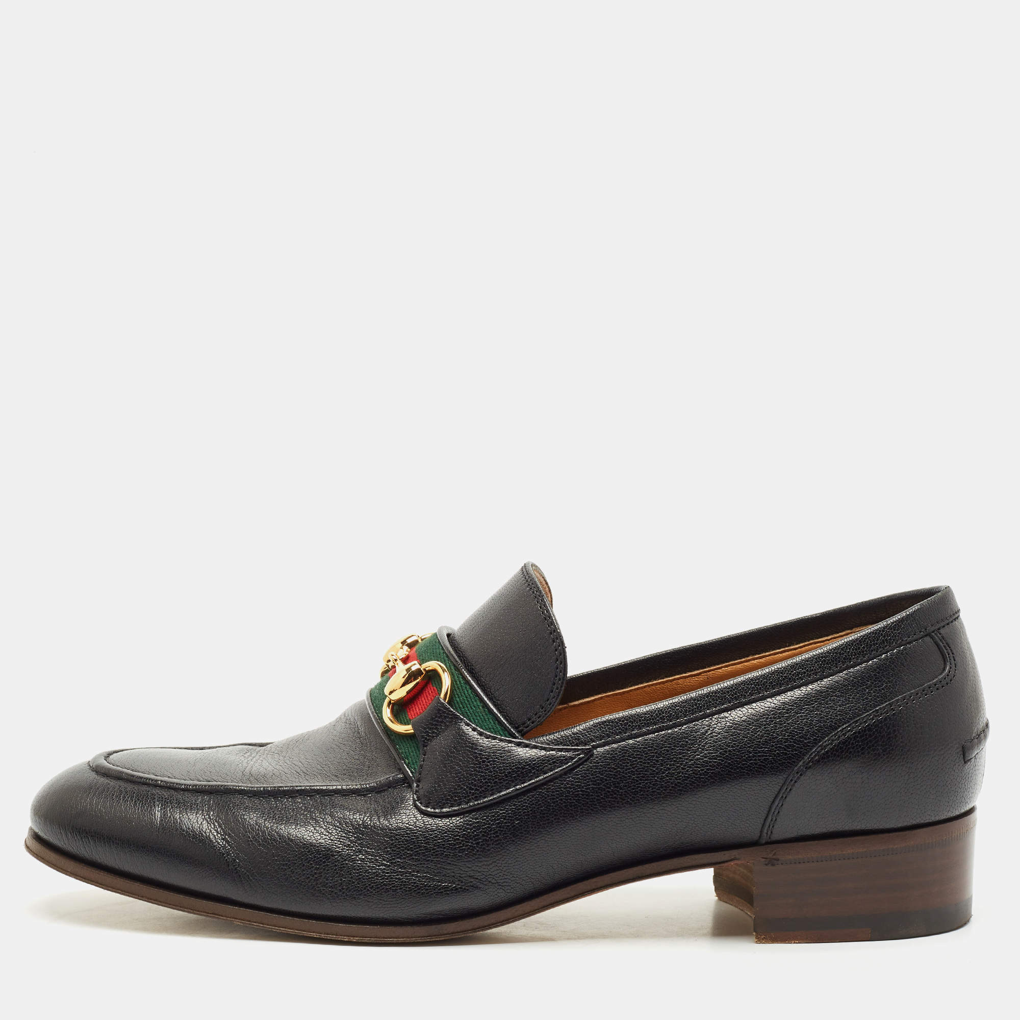 مملوكة مسبقًا Gucci Black Leather Web Stripe Horsebit Loafers Size 41.5