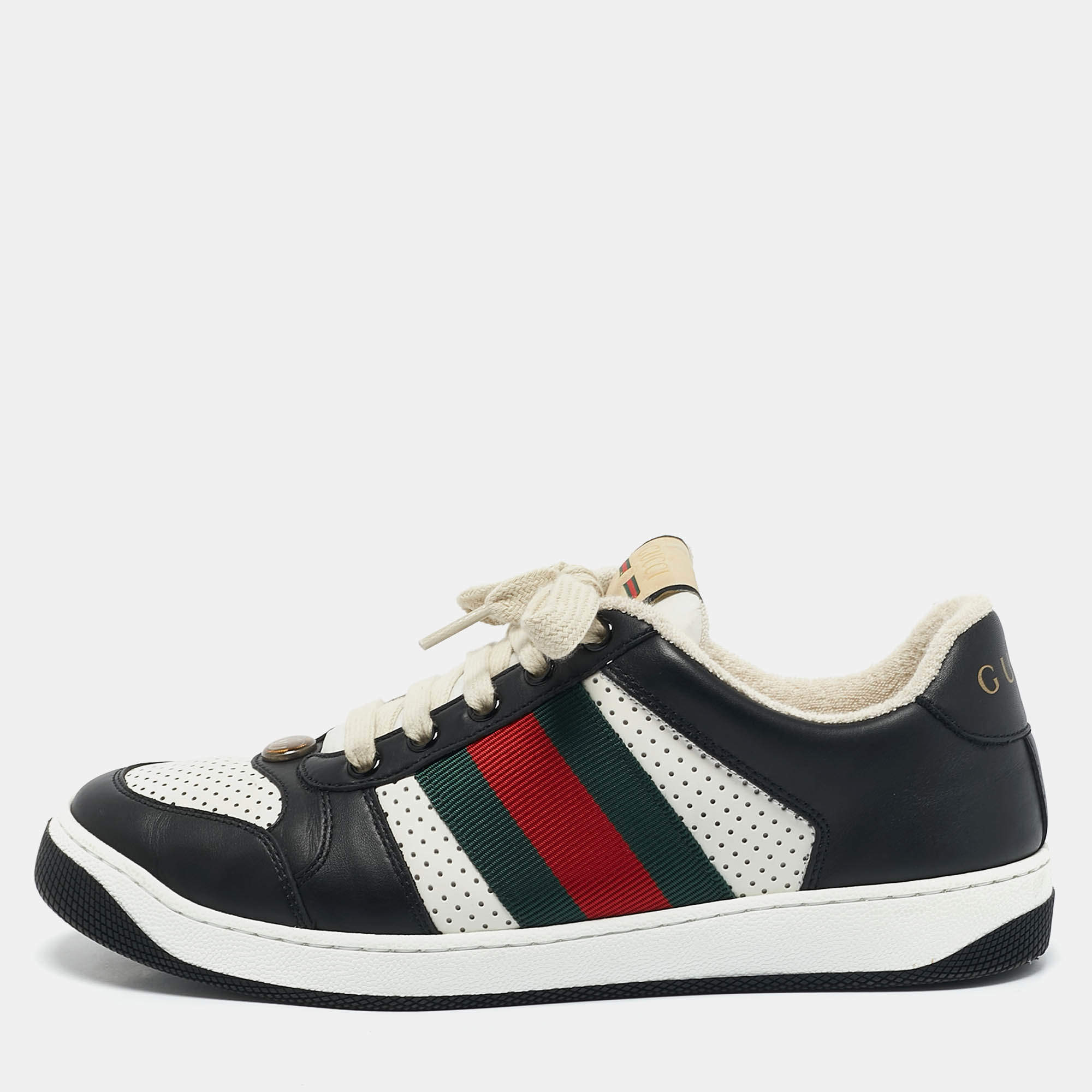 Gucci Black/White Perforated Leather Screener Sneakers Size 39.5