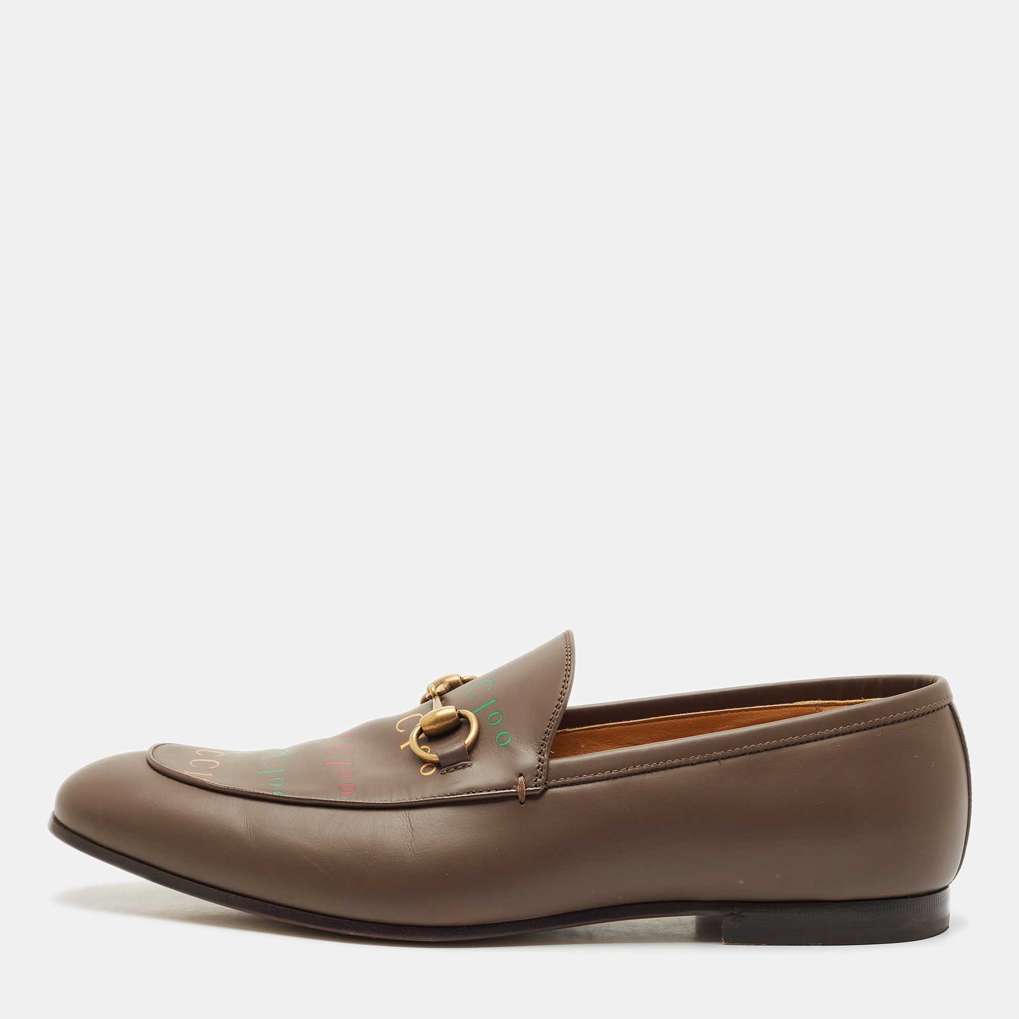 مملوكة مسبقًا Gucci Brown Logo Leather Jordaan Horsebit Loafers Size 45