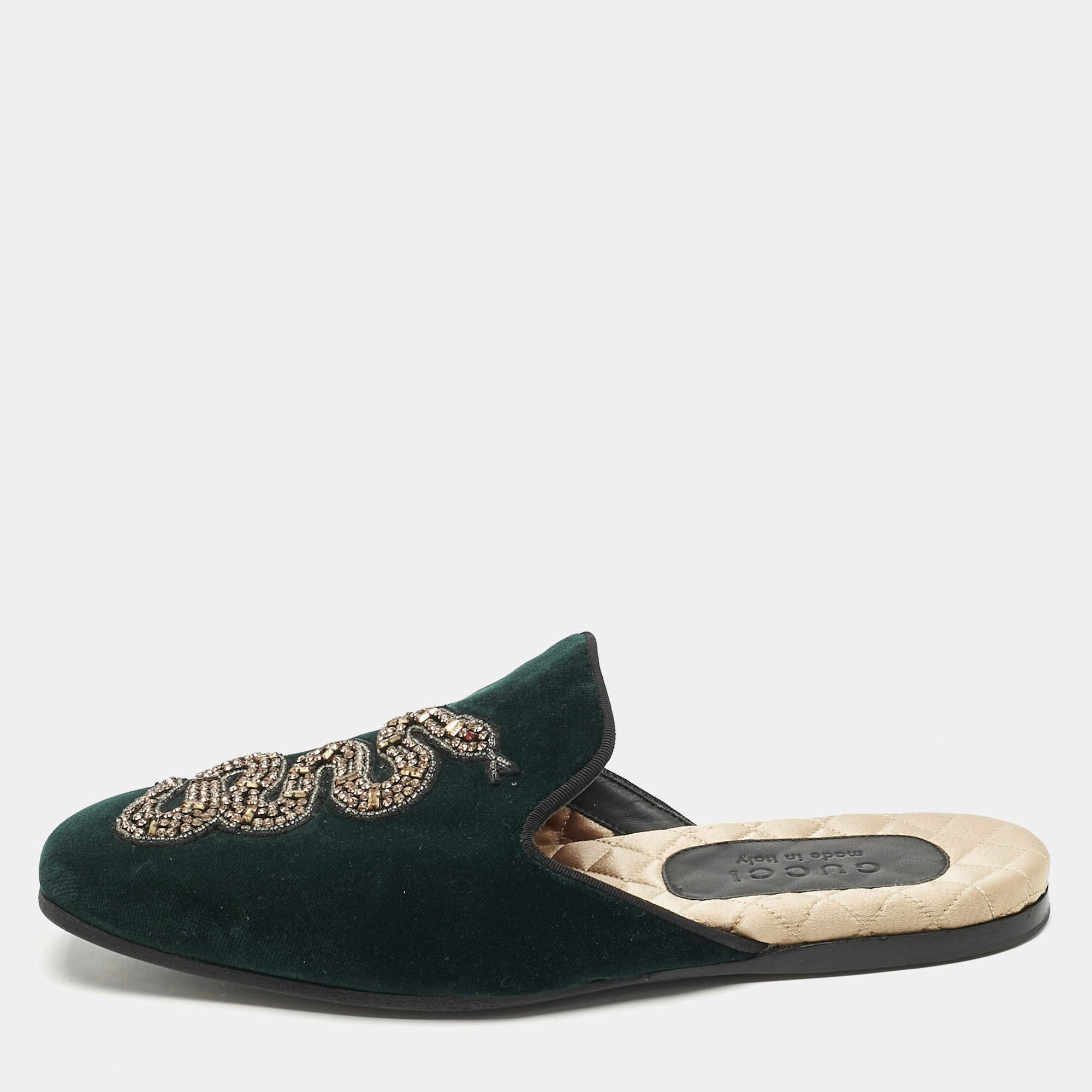 Gucci Dark Green Velvet Crystal Embellished Snake Flat Mules Size 40