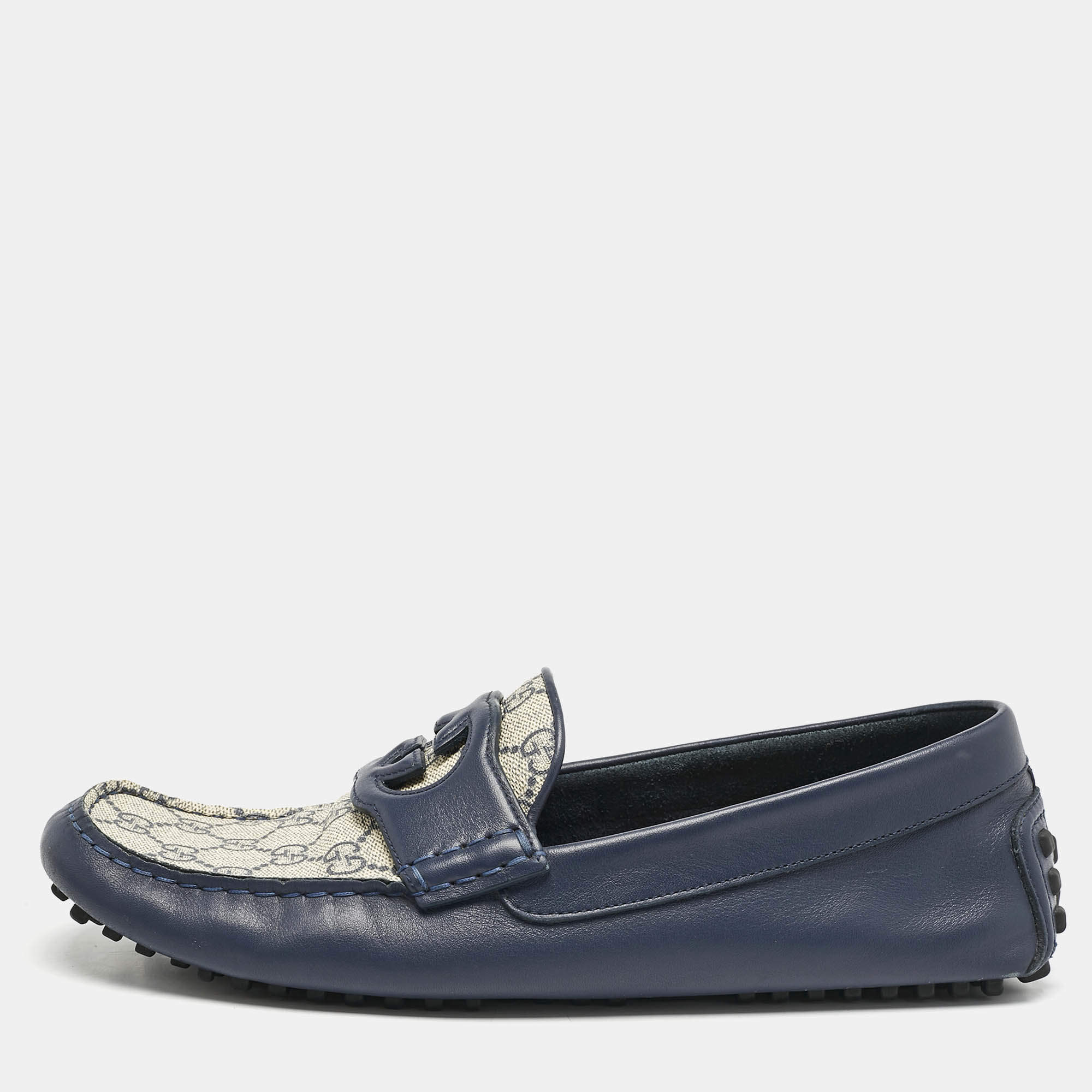 Gucci Navy Blue/Beige Leather and GG Supreme Canvas Interlocking G Loafers Size 44.5