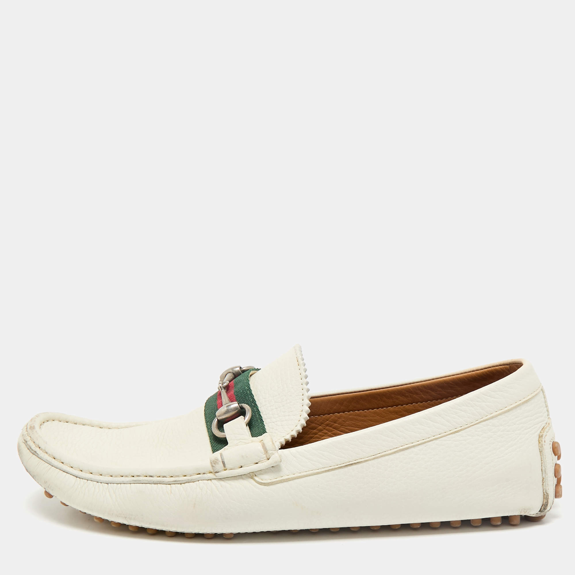 Gucci White Leather Web Slip On Loafers Size 43