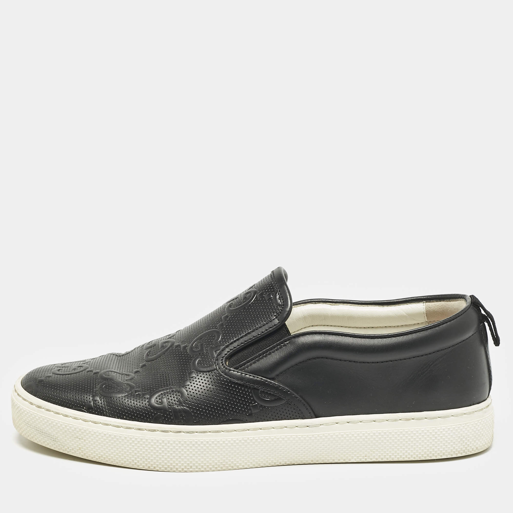 Gucci Black GG Embossed Leather Slip On Sneakers Size 42.5