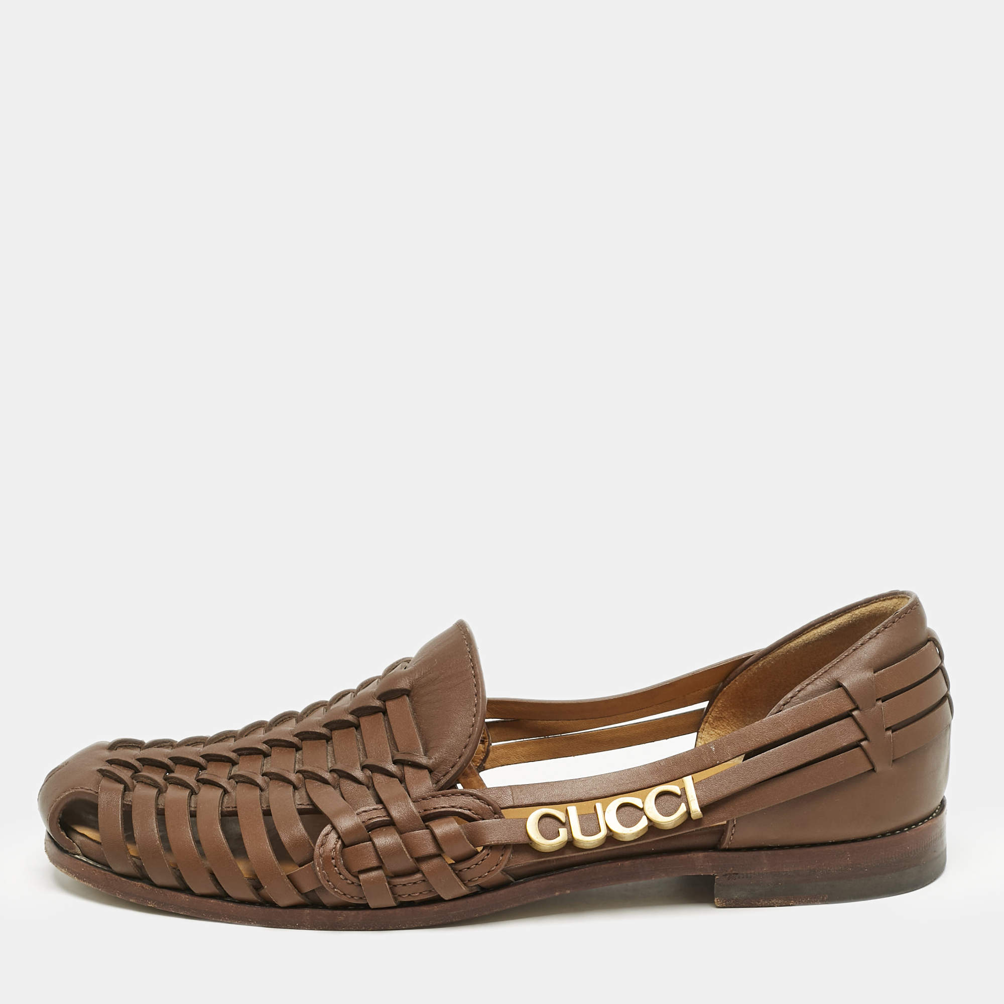 Pre Owned Gucci Brown Woven Leather Gucci Detail Slip On Loafers Size 43.5