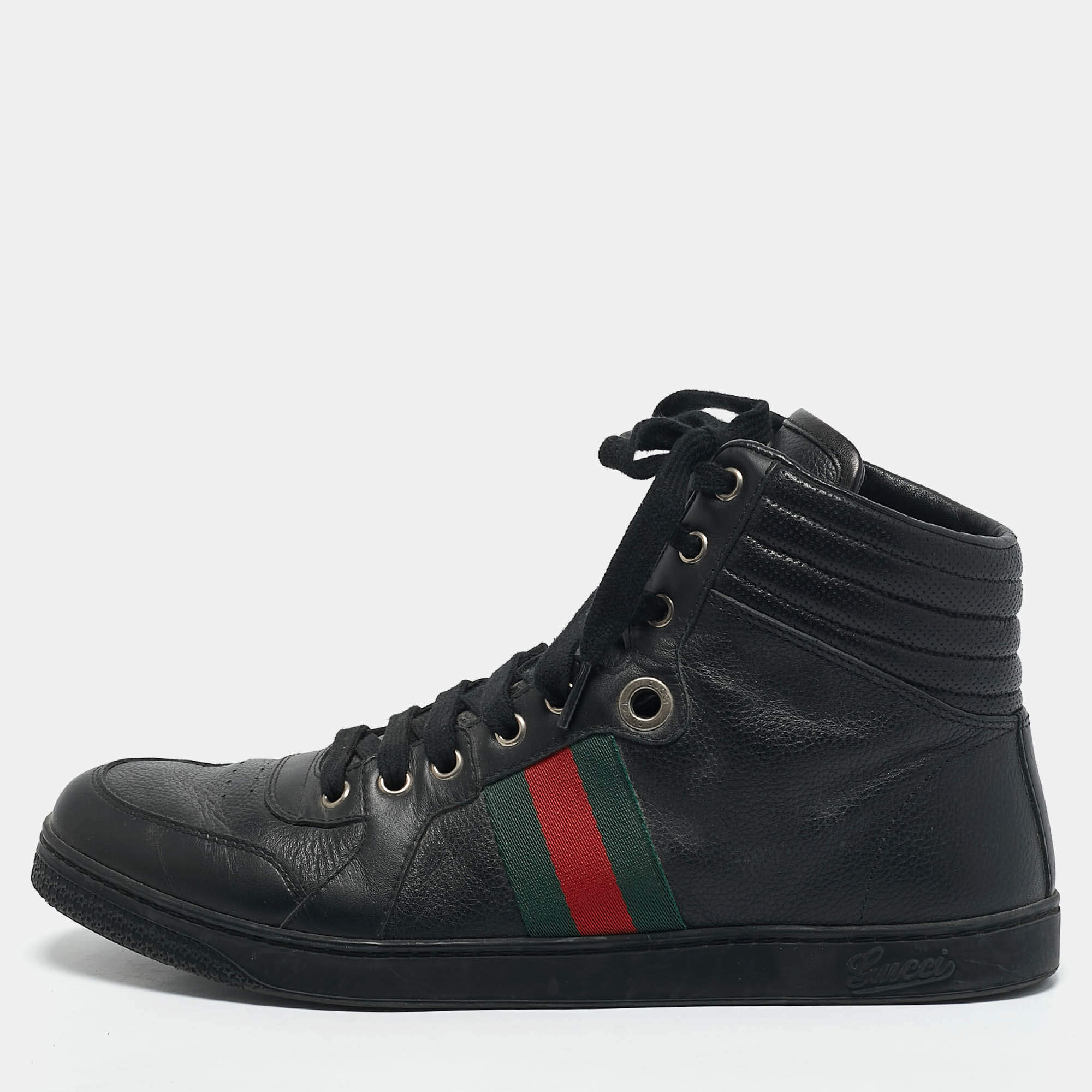 مملوكة مسبقًا Gucci Black Leather Web Detail High Top Sneakers Size 42