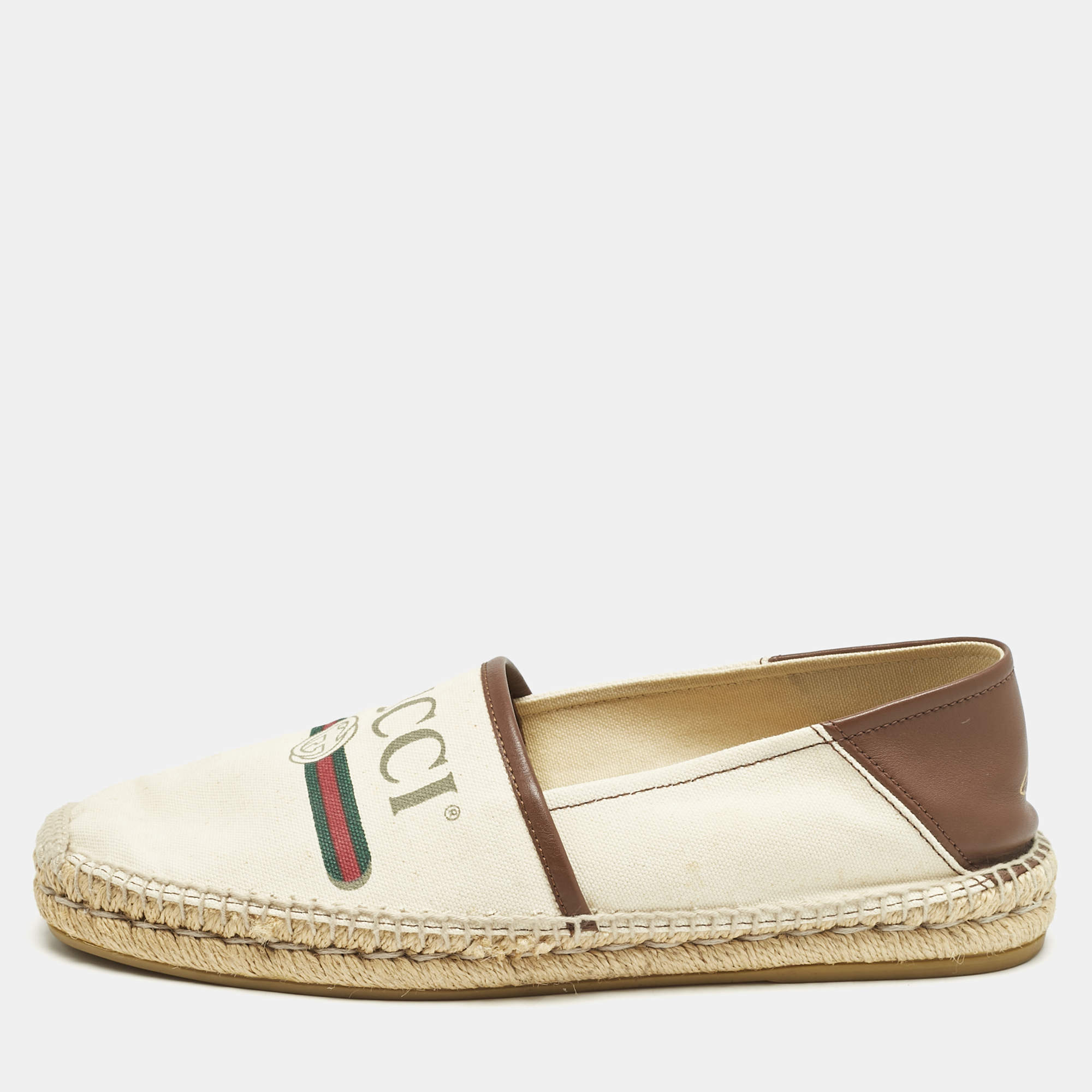 Gucci Off White Canvas Logo Graphic Print Slip On Espadrilles Size 43