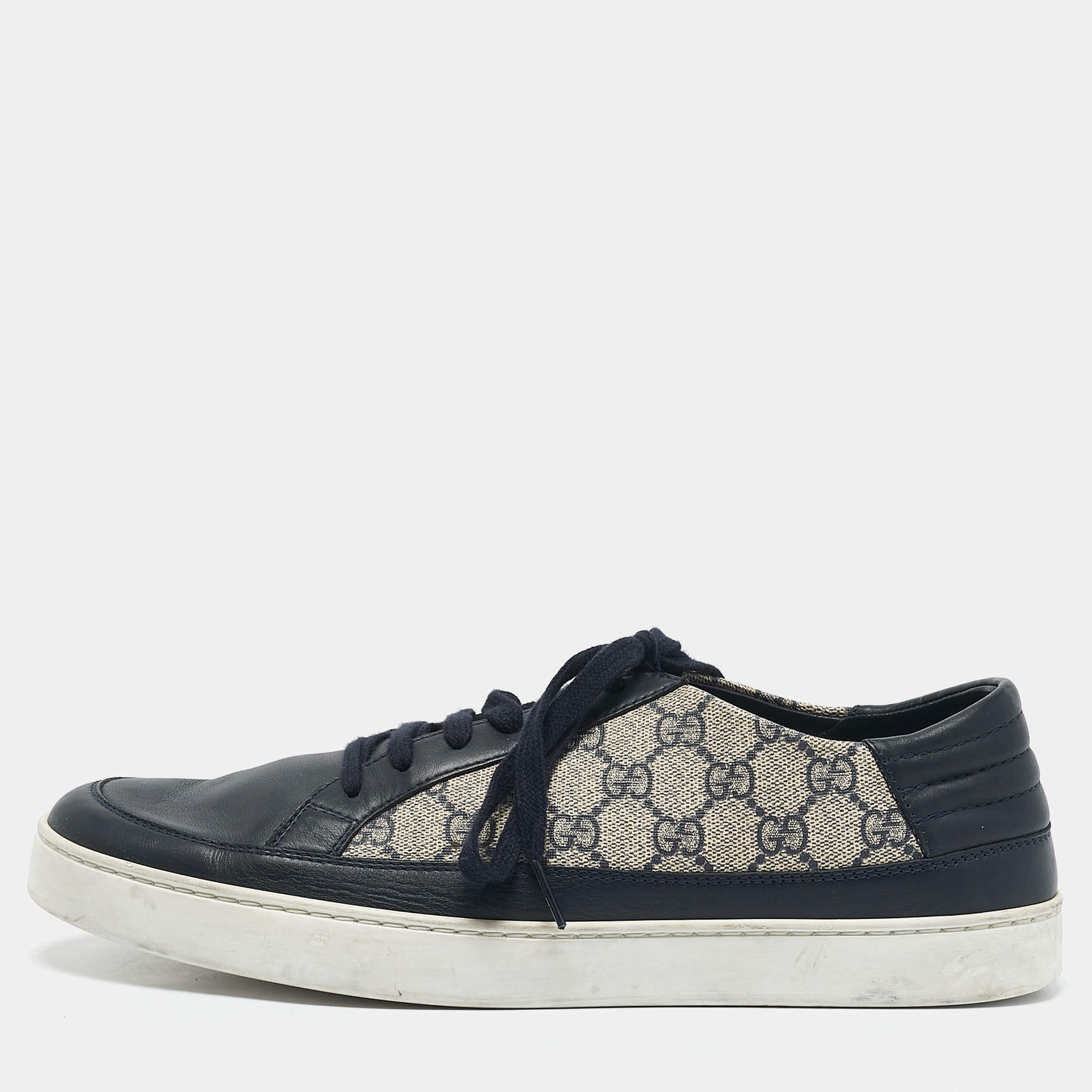 Gucci Navy Blue GG Supreme Canvas and Leather Low Top Sneakers Size 45