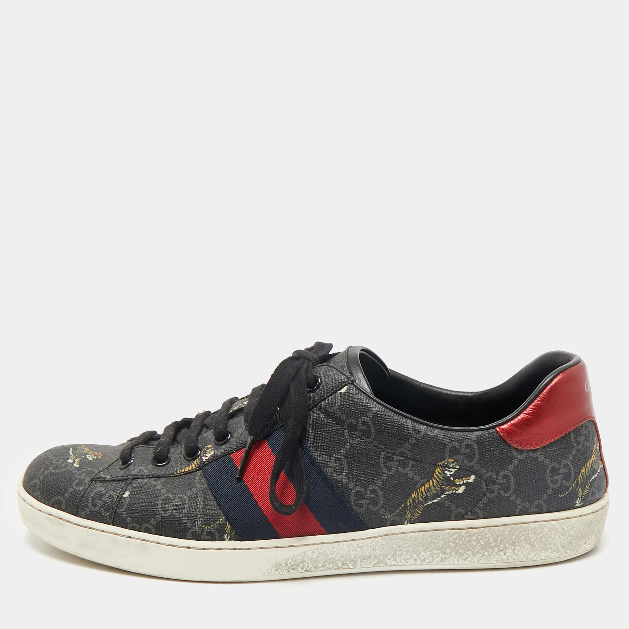 Gucci Navy Blue Coated Canvas Ace  Web Lace Up Sneakers Size 43
