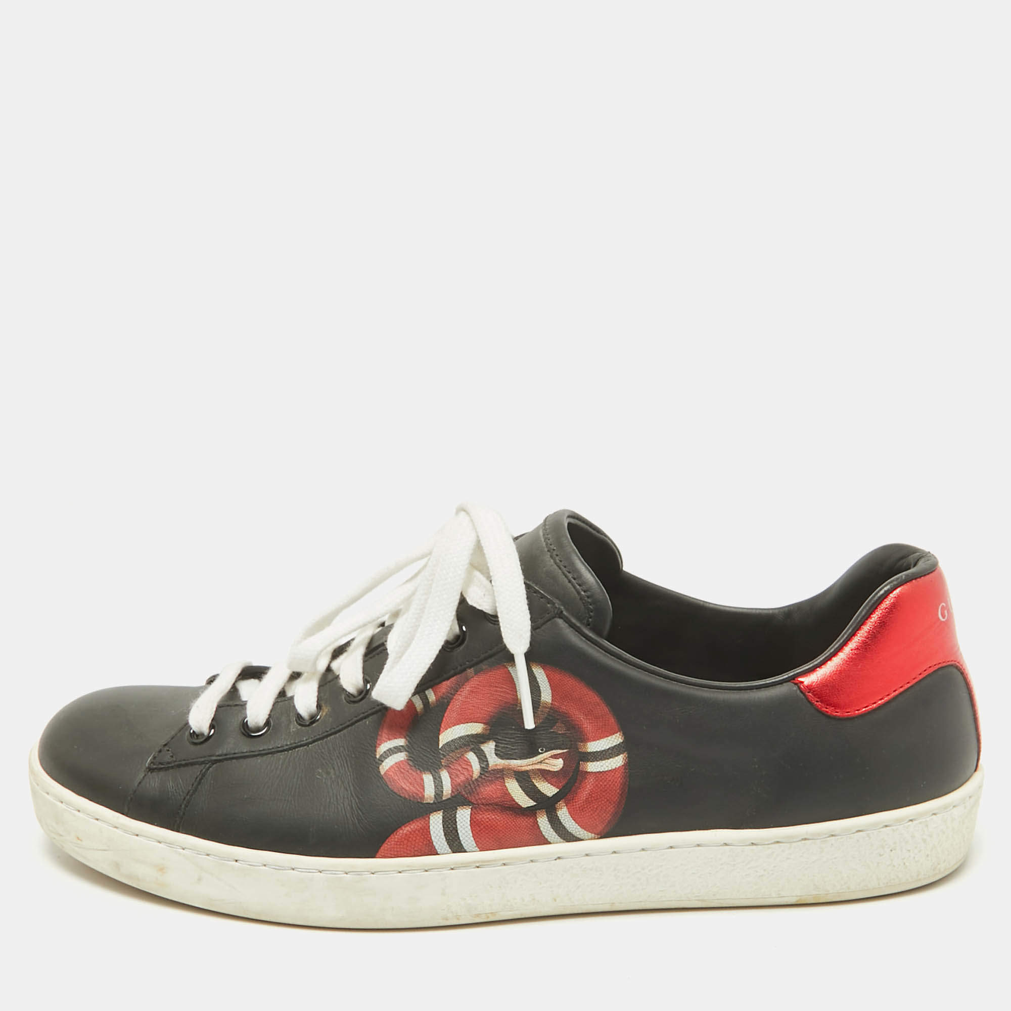 Gucci Black Leather Kingsnake Ace Lace Up Sneakers Size 43
