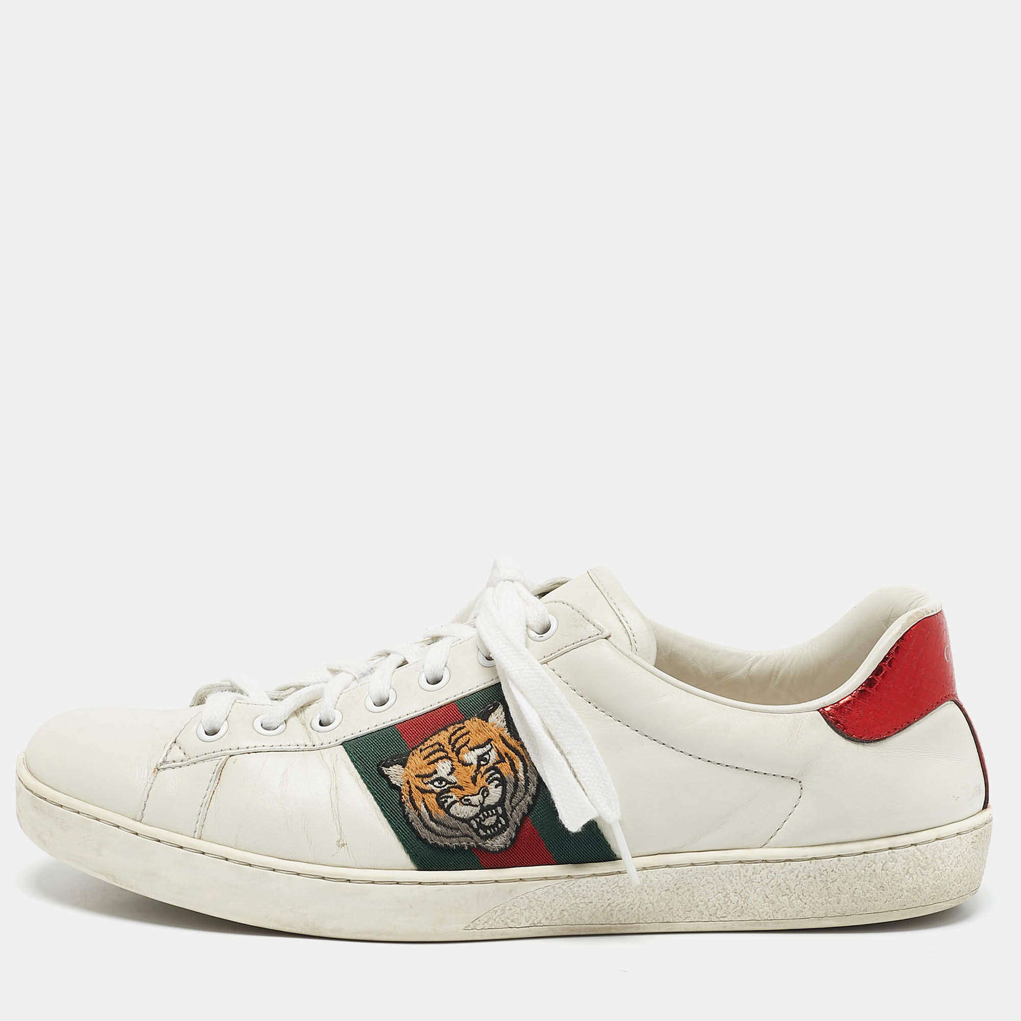 Gucci White Leather Ace Web Tiger Embroidered Low Top Sneakers Size 43
