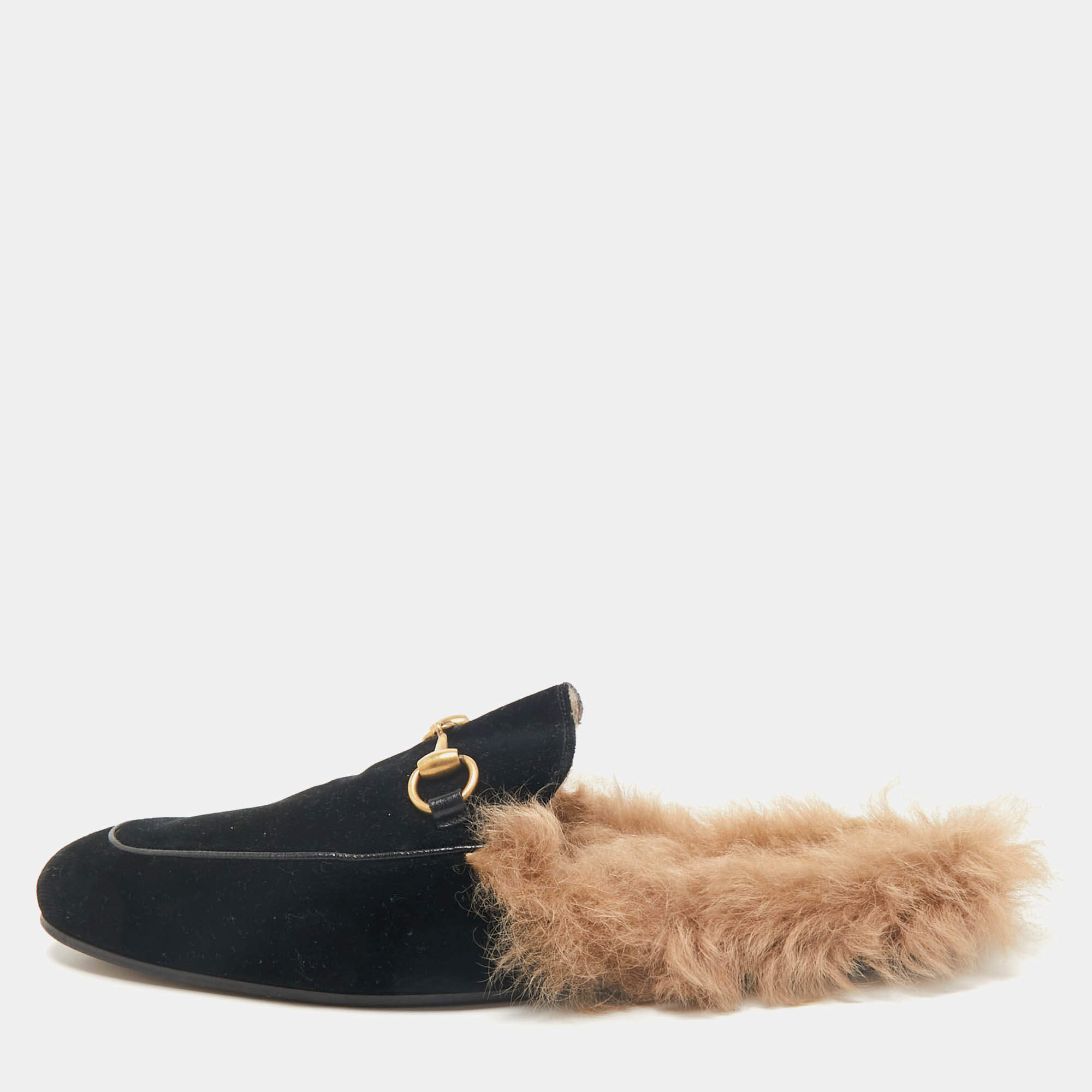 Pre Owned Gucci Black/Brown Velvet and Fur Lined Princetown Flat Mule Size 42.5