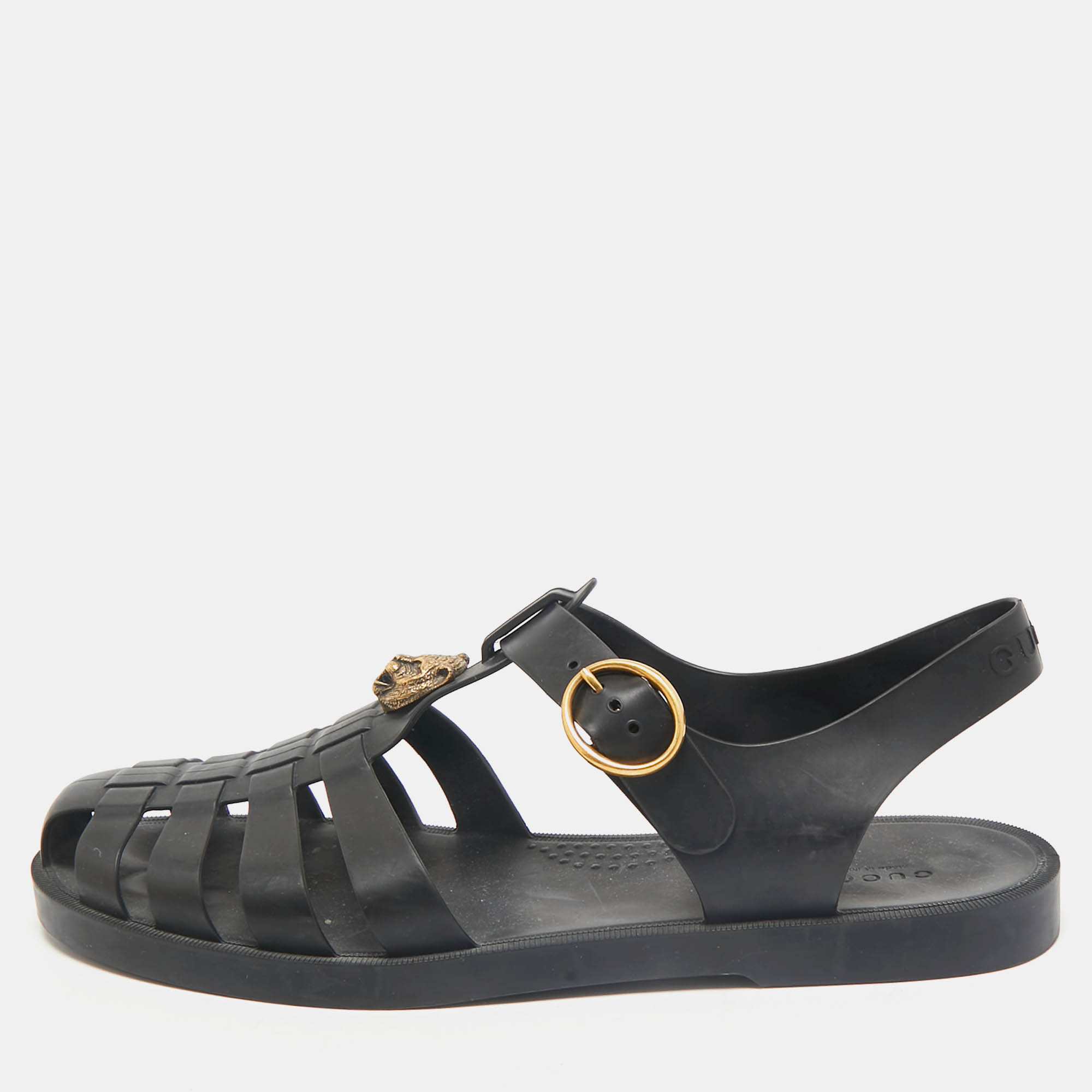 Gucci Black Rubber Double G Lion Head Strap Flat Sandals Size 43