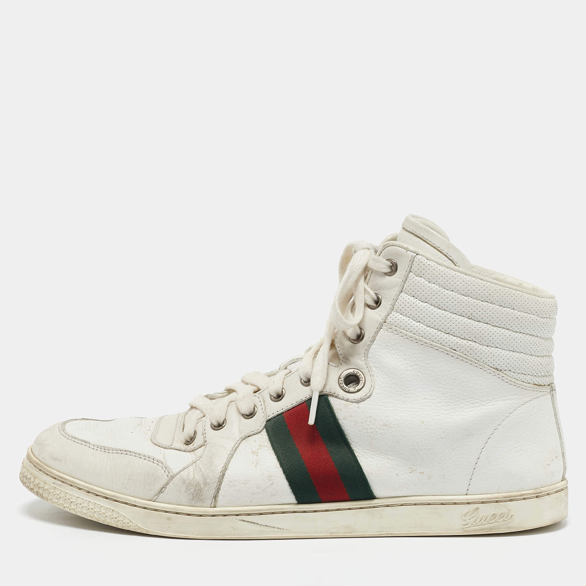 Gucci White Leather Web Detail High Top Sneakers Size 45