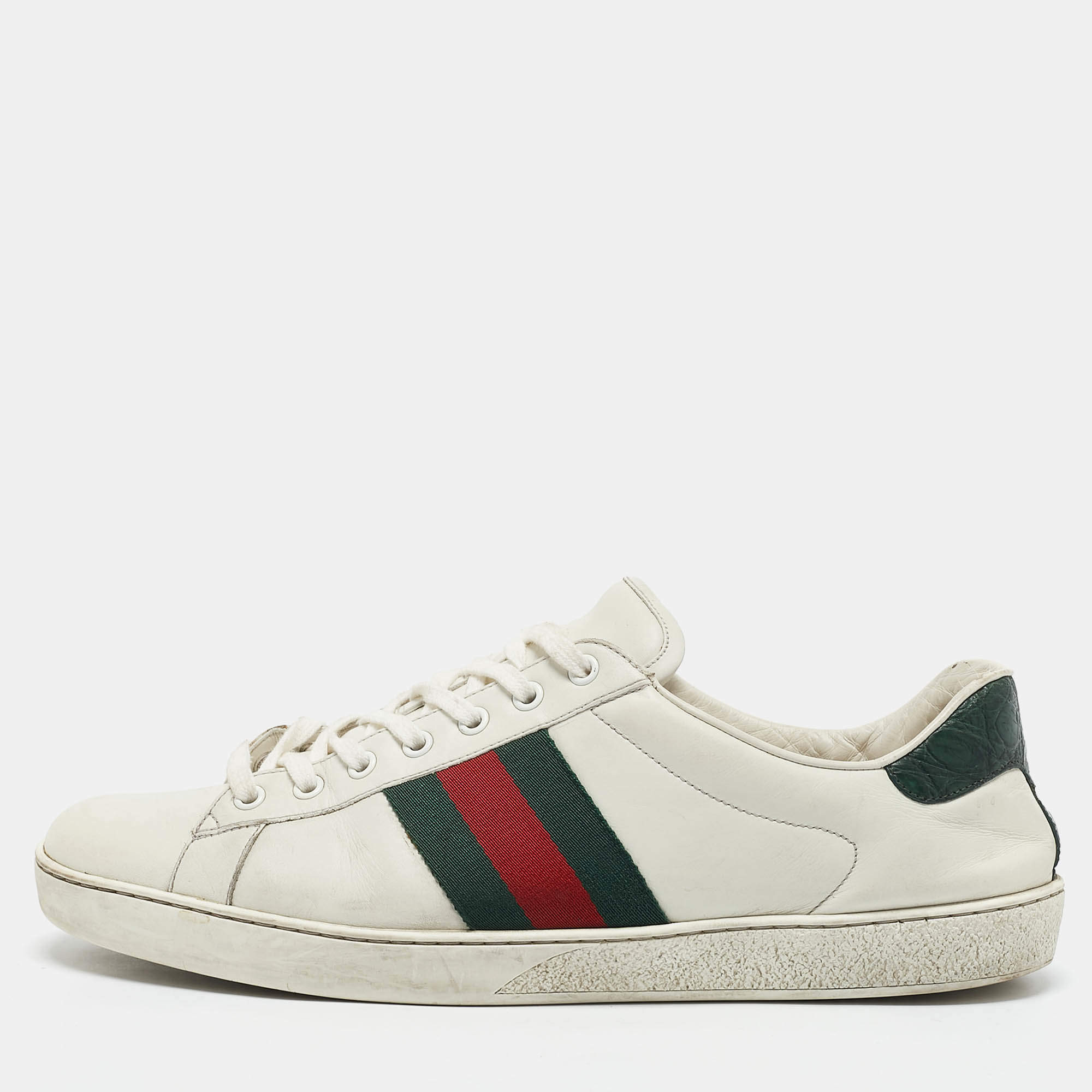 Gucci White Crocodile Leather and Leather Ace Low Top Sneakers Size 45.5