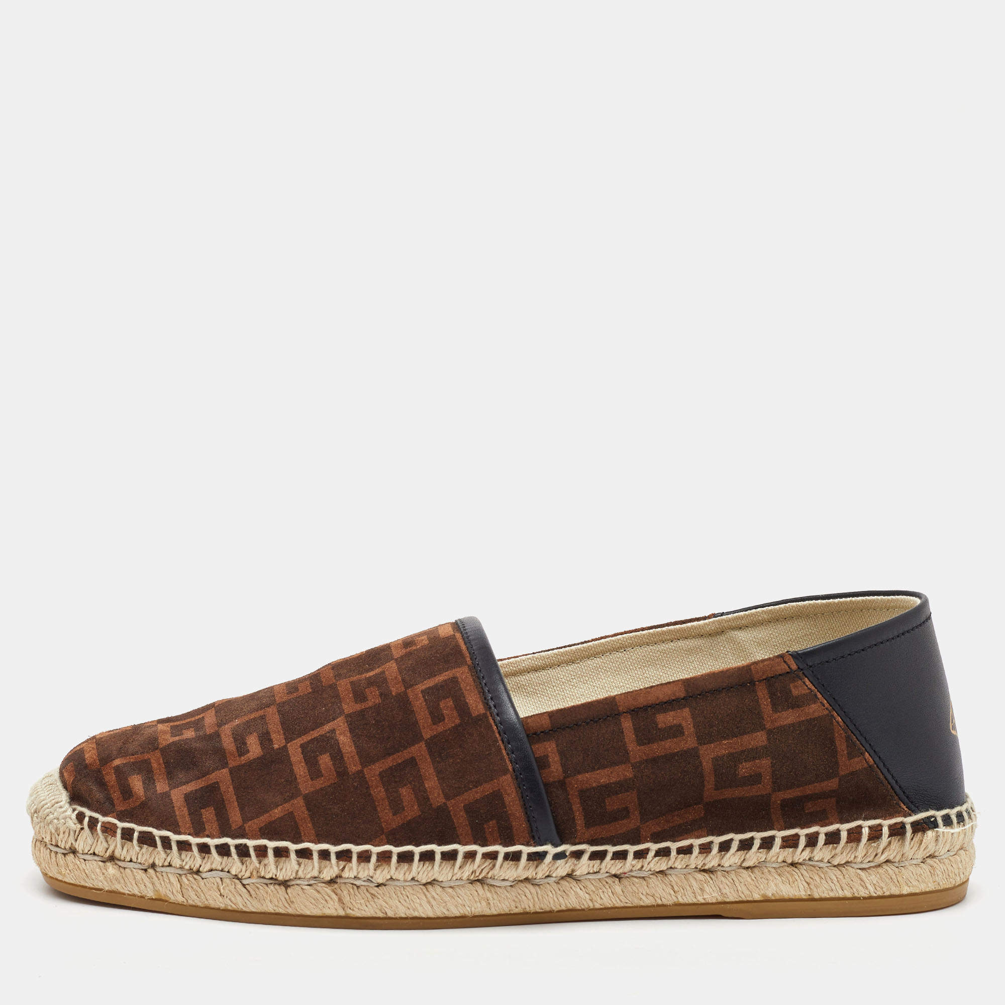 Gucci Dark Brown/Black G Cube Suede and Leather Slip On Espadrille Flats Size 43.5