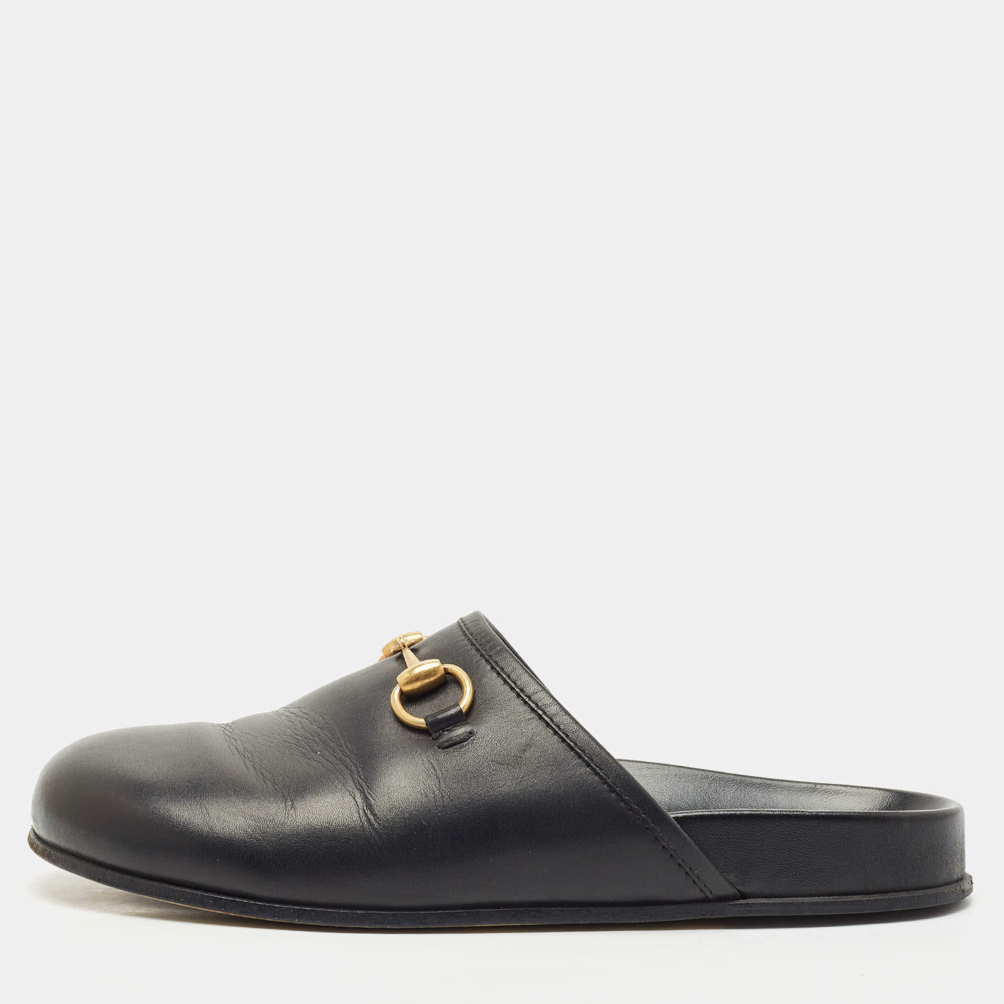 Gucci Black Leather Horsebit Princetown Flat Mules Size 39.5